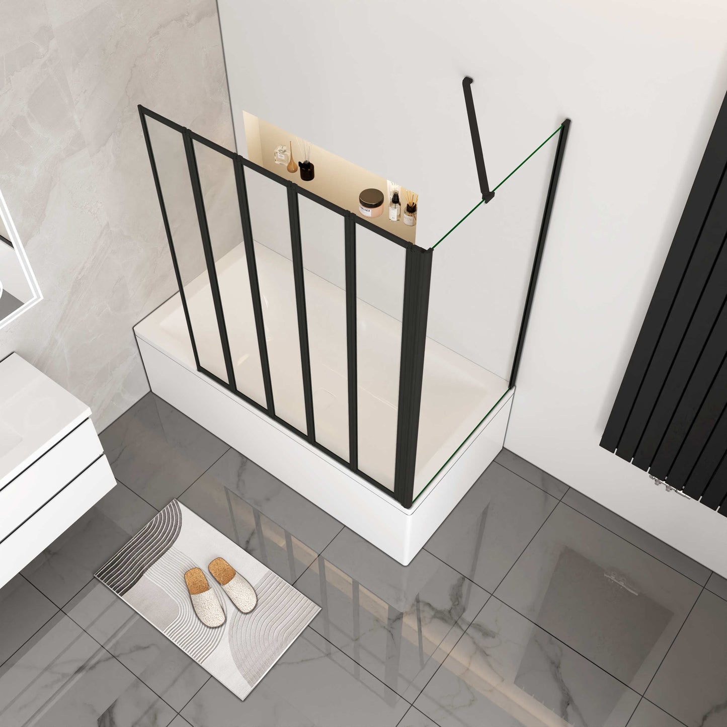 Aica industriële badwand 120x65/70/75/80x140cm 5-delig inklapbaar 4 mm gehard glas matzwart