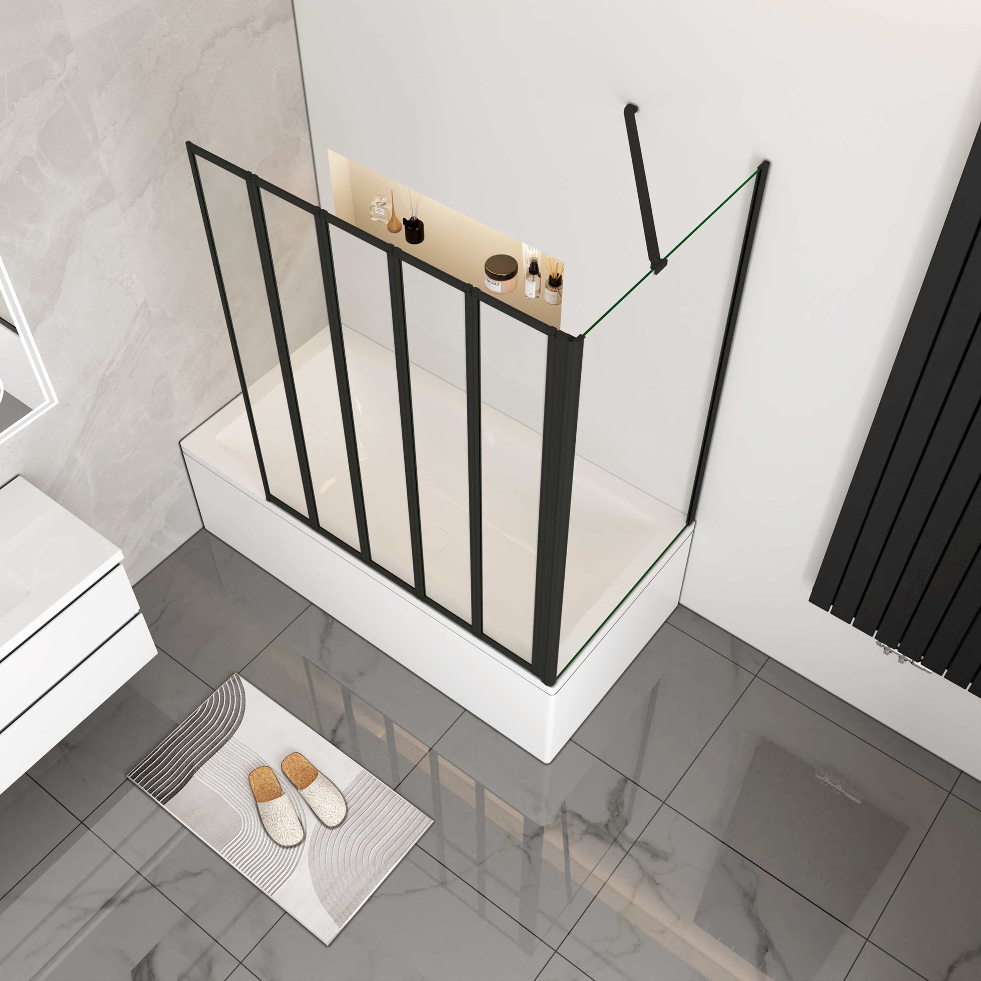 Aica industriële badwand 120x65/70/75/80x140cm 5-delig inklapbaar 4 mm gehard glas matzwart