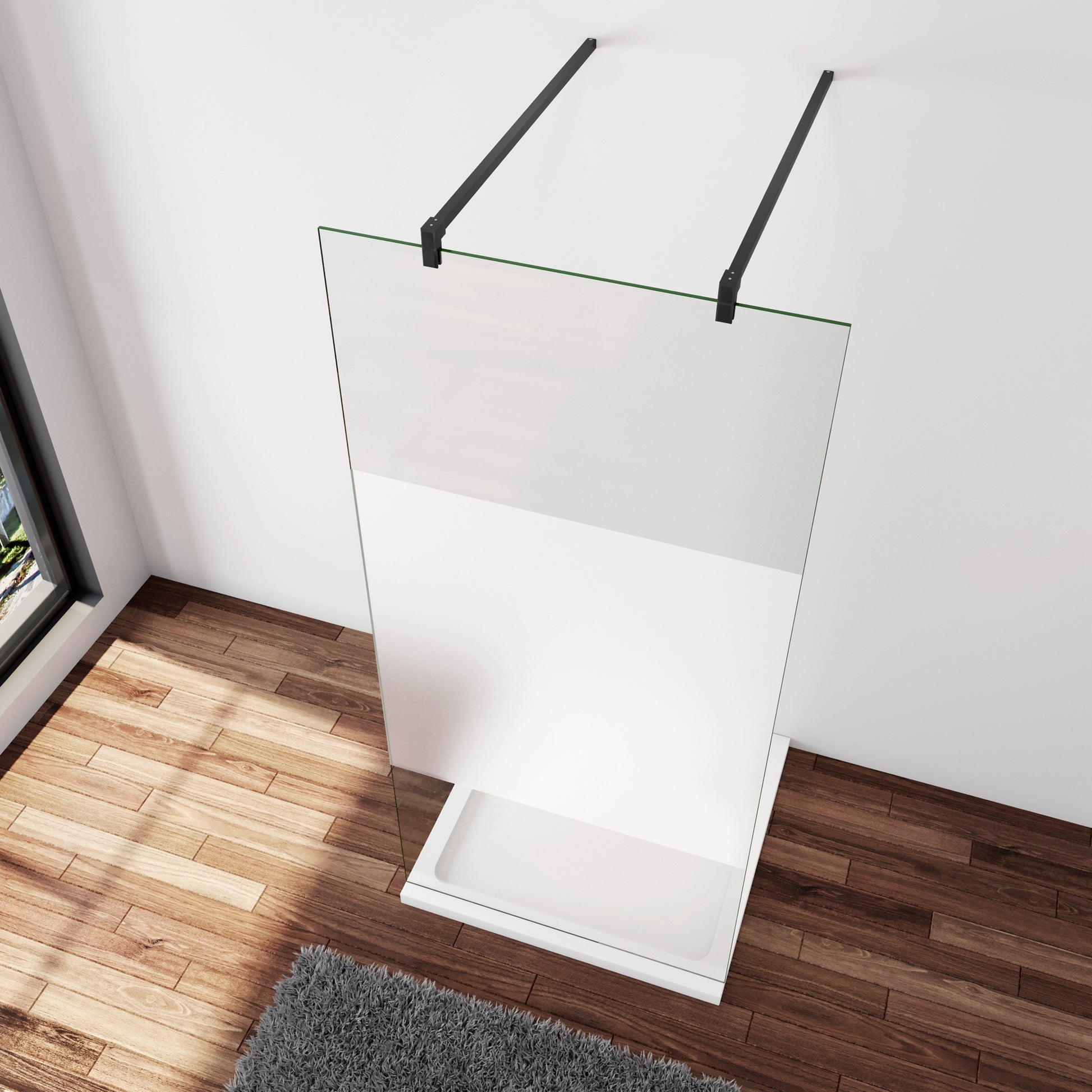 Inloopdouche 87,7x200cm,10mm NANO EasyClean veiligheidsglas matglas,90cm Stabilisatiestangen x2, zwart