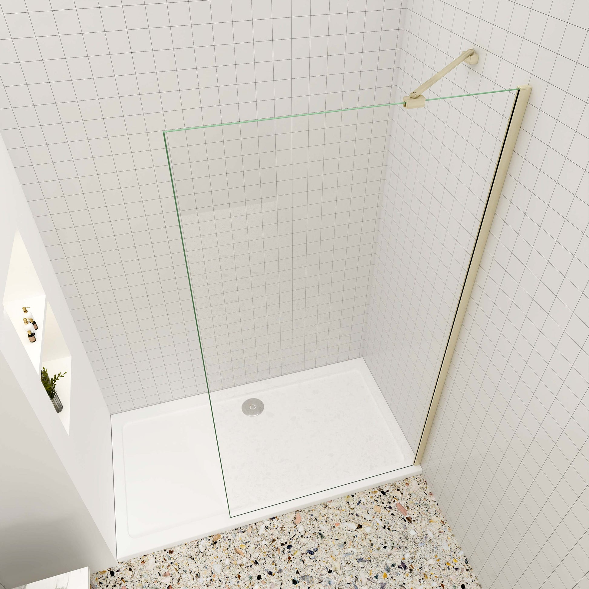 Aica luxueus inloopdouche 30-160x200 cm 8 mm NANO Easyclean veiliges gehard glas 45/73-120/70-120/N-vormig:90/N-vormig:140/F-vormig:90/F-vormig:140 cm draaibaar stabilisatiestang - gemakkelijk te installeren geborsteld goud