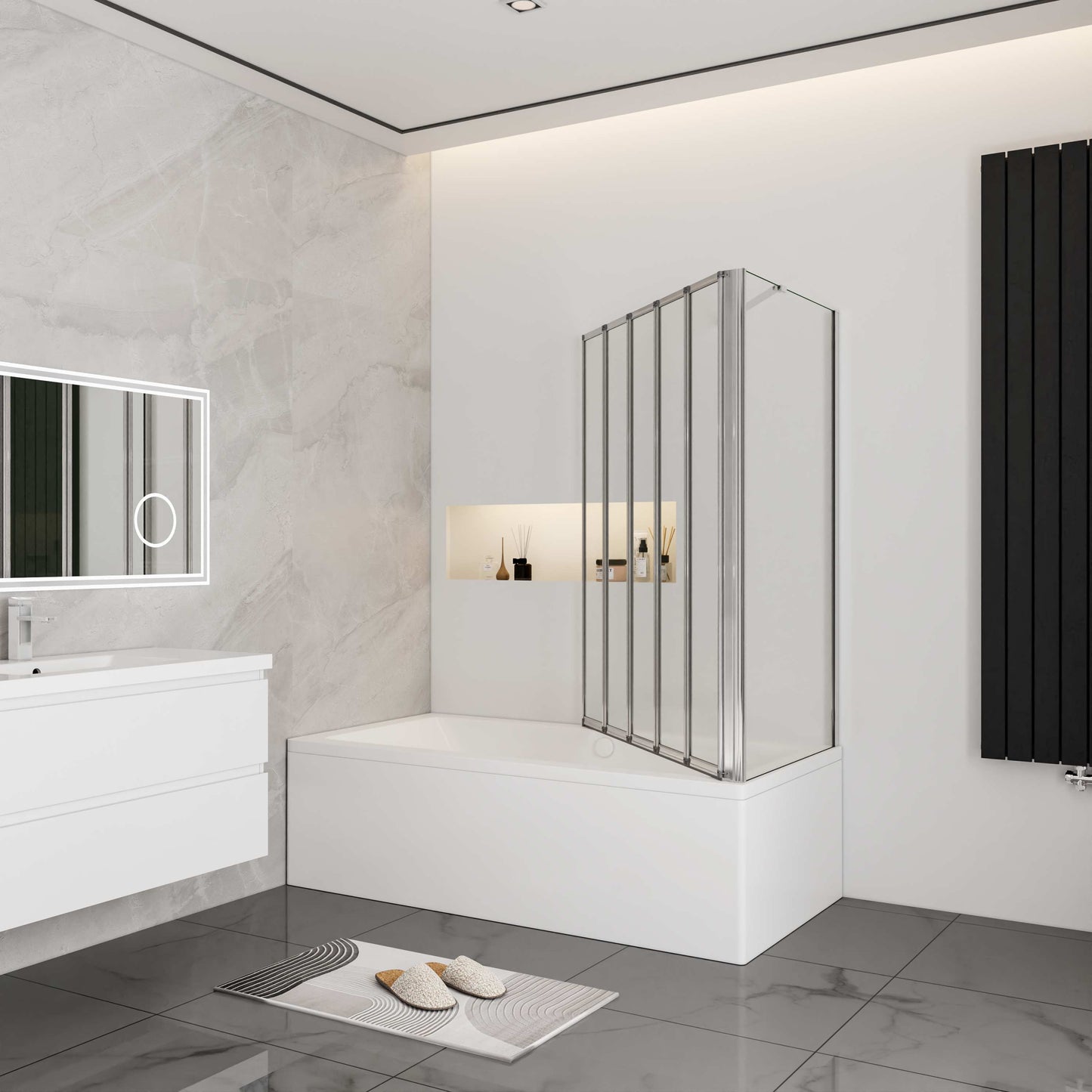 Aica Badwand 120x60/70/75/80x140cm-5-Delig Inklapbaar 4mm Gehard Glas-Gepolijst Chroom Frame