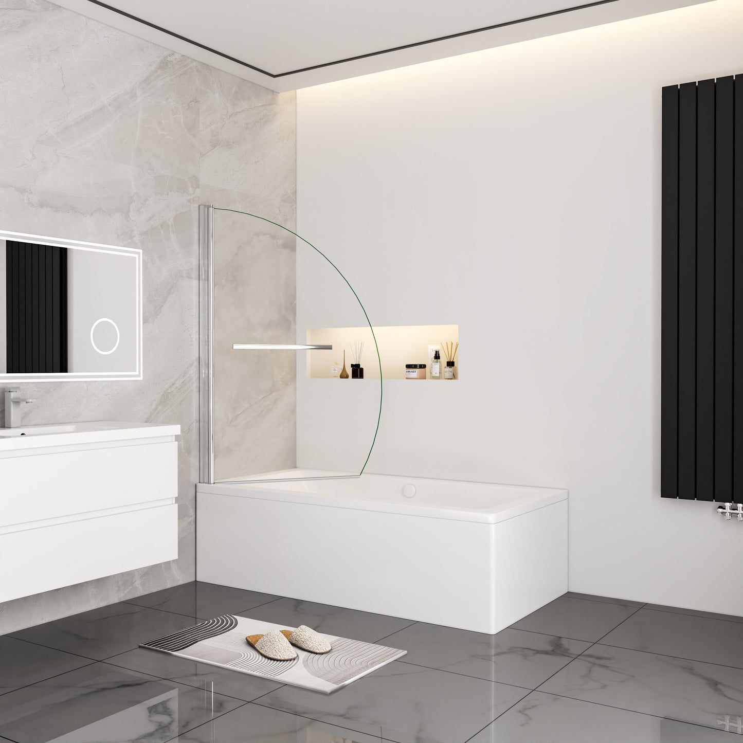 Kwartrond draaibaar pendel badwand 100x140cm, 180 graden draaibaar, 8 mm helder gehard veiligheids glas easyclean, 40 cm handdoekstang