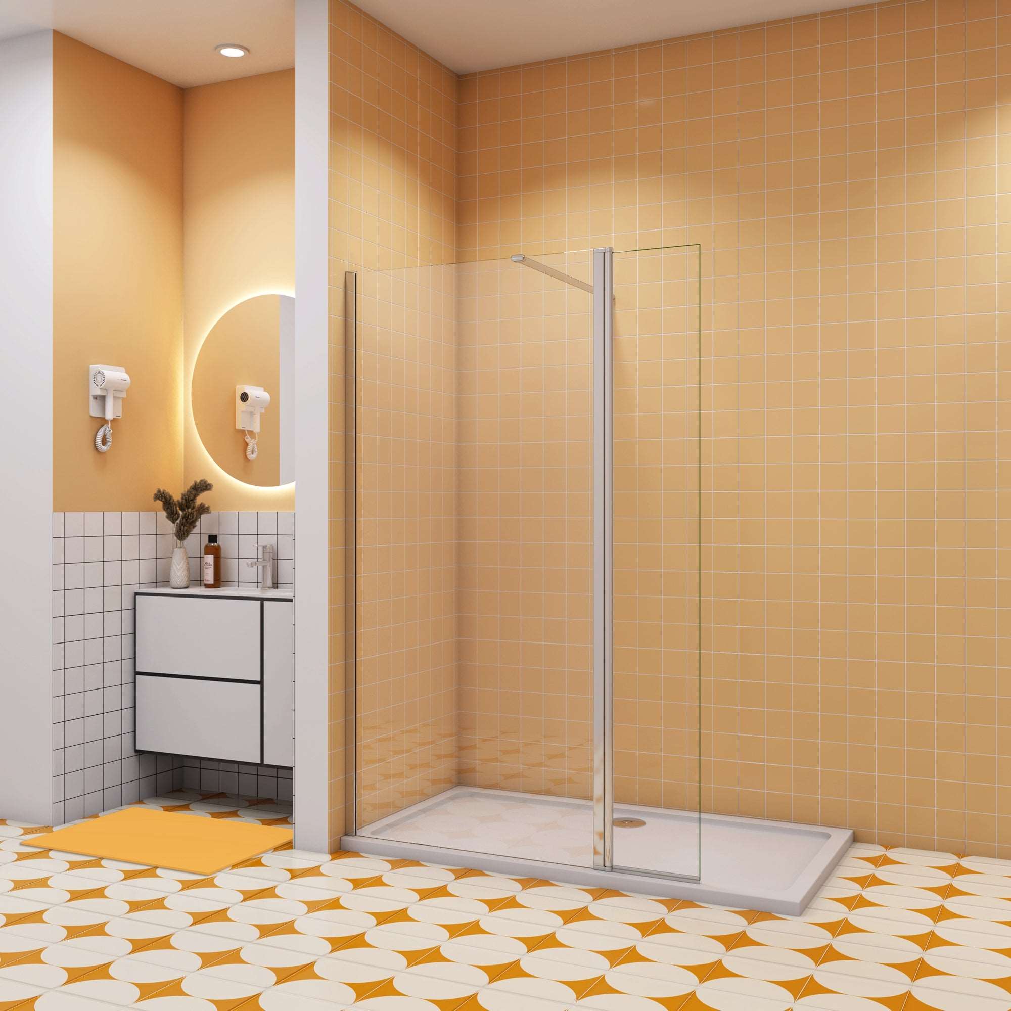 100x200cm inloopdouche + 30x200cm draaibaar hoekprofiel + N-vorm: 140cm Stabilisatiestang 8mm NANO EasyClean veiligheidsglas douchescherm
