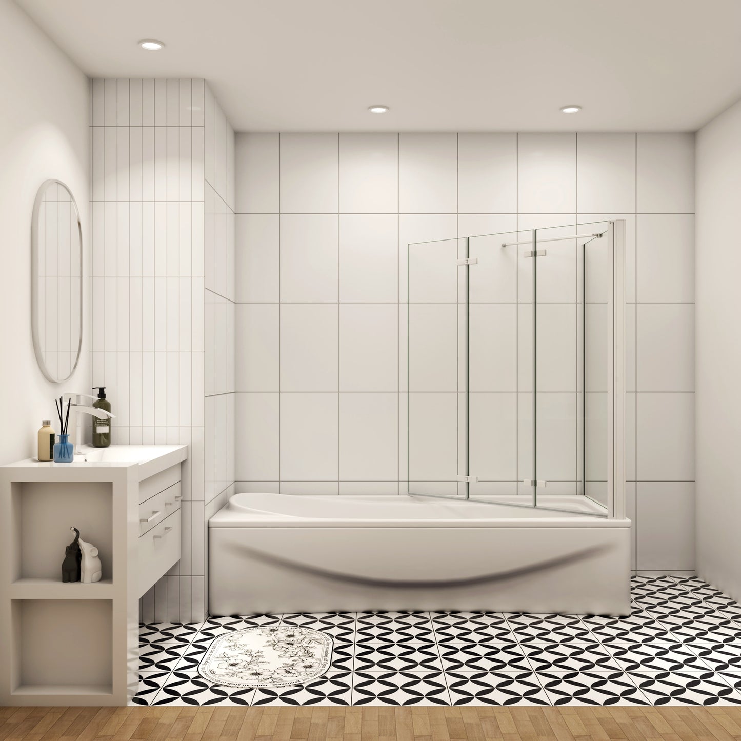 Aica Luxe Badwand 130x70/75/80x140cm,3-Delig Inklapbaar,6mm Transparant Easy Clean Gehard Glas,Grijs Frame,Eenvoudige Montage