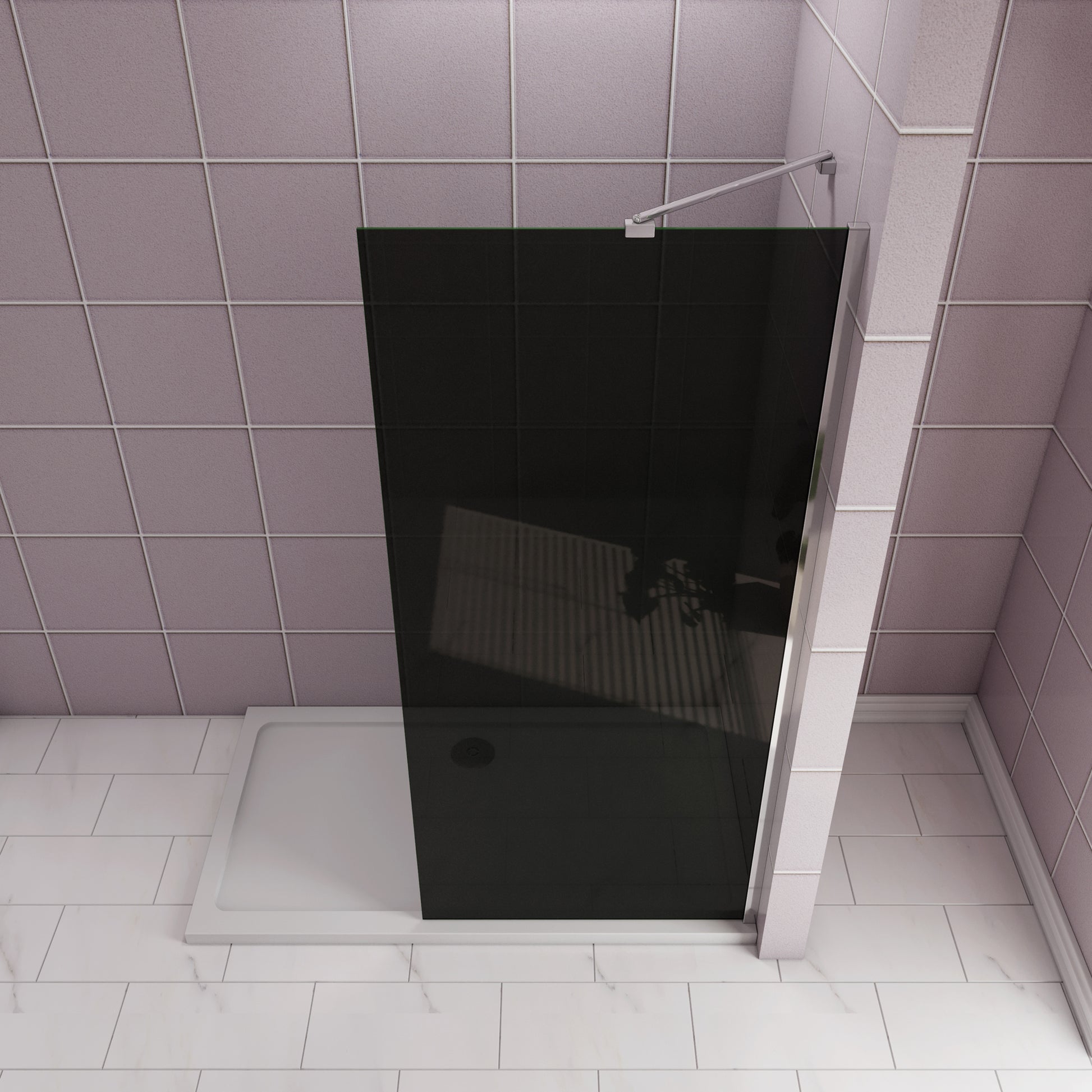 Aica Industriële douchewand 80/90x200 cm 8 mm NANO gehard glas met zwarte veiligheidsfolie 45/50cm draaibaar stabilisatiestang glanzend chroom dubbele veiligheidswaarborg