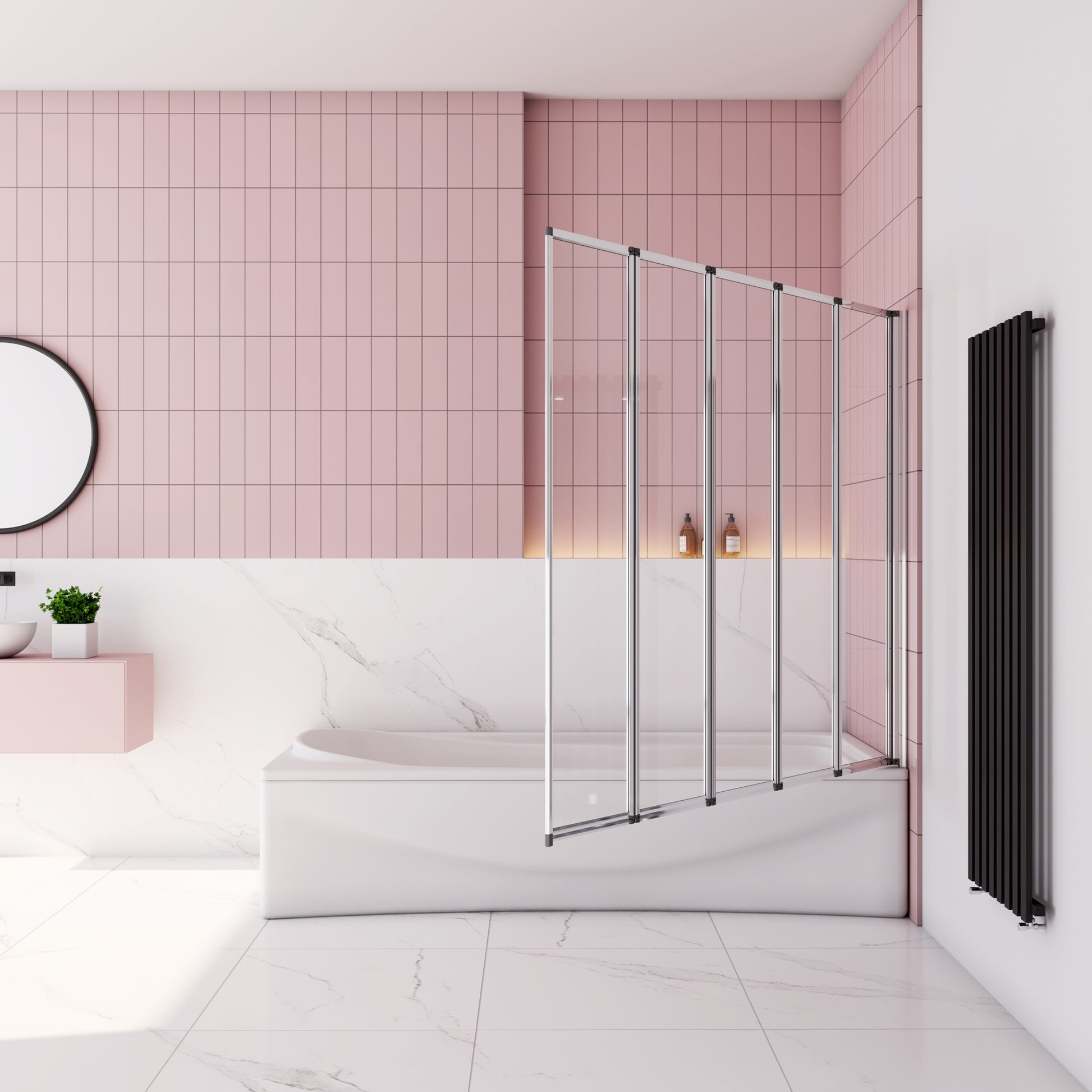 Aica Badwand 120x140cm 5-Delig Inklapbaar 4mm Gehard Glas-Gepolijst Chroom Frame