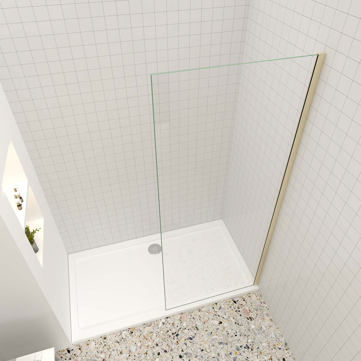 Aica luxueus inloopdouche 30-160x200 cm 10 mm NANO Easyclean veiliges gehard glas 73-120/70-120/F-vormig:90/F-vormig:140cm inkortbaar stabilisatiestang geborsteld goud - gemakkelijk te installeren