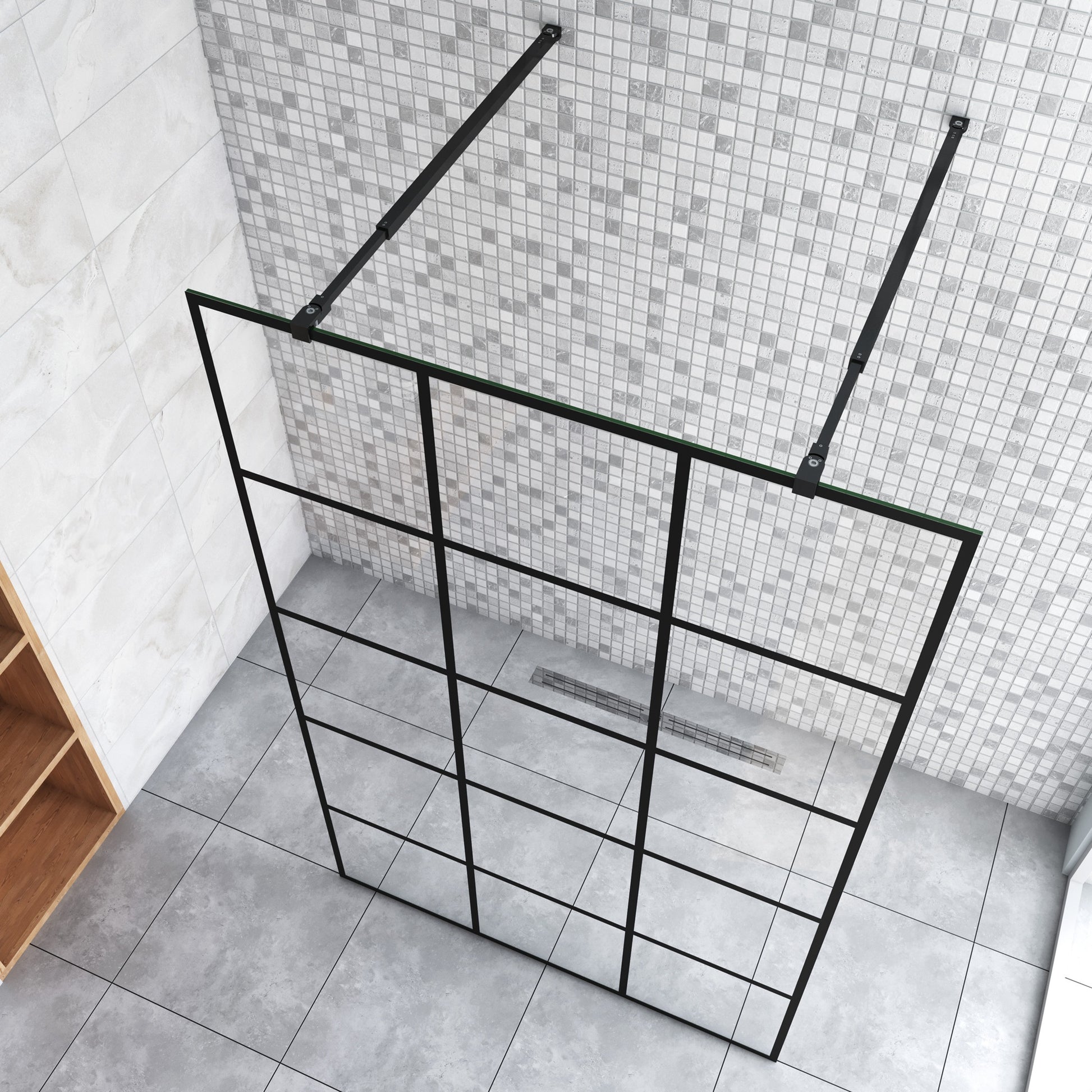 Inloopdouche 87,7x200cm met mat zwart kader en raster ,8mm NANO EasyClean veiligheidsglas,met 2 73-120cm Stabilisatiestangen