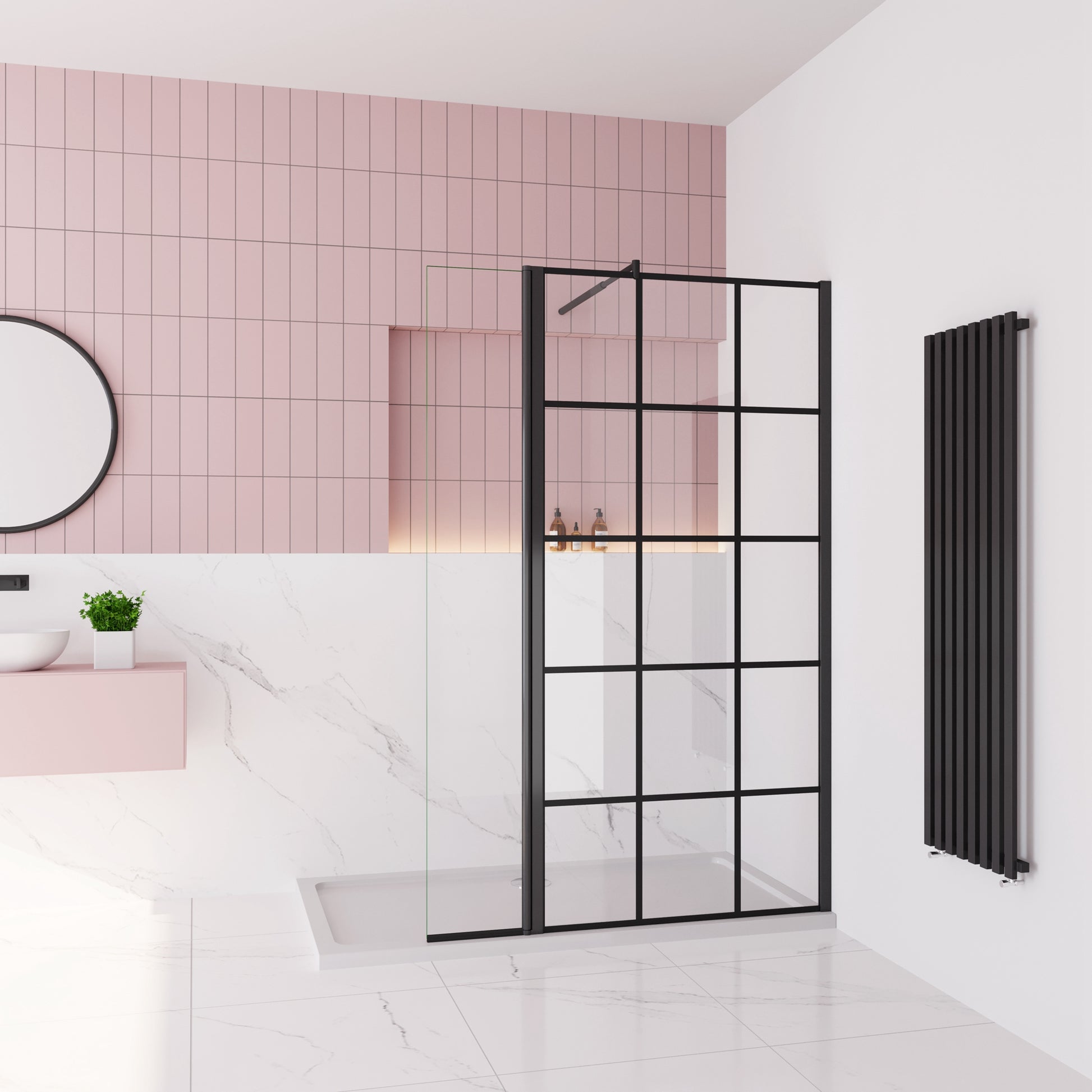 Inloopdouche 80x200cm met mat Zwart kader en raster,8mm NANO EasyClean veiligheidsglas,stabilisatiestang 70-120cm,draaibaar hoekprofiel 30x200cm
