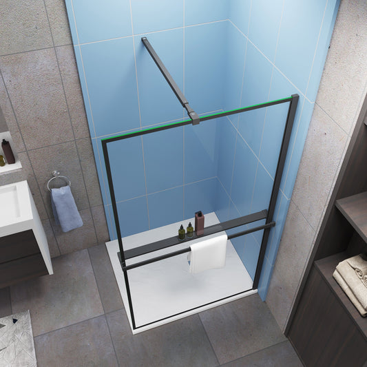 Ideaal voor de badkamer - Inloopdouche 200 cm hoog - 8 mm gemakkelijk te reinigen glas met zwarte zeefdruk - Met planchet - Verstelbare stabilisatiestang Mat zwart frame - Eenvoudig te installeren