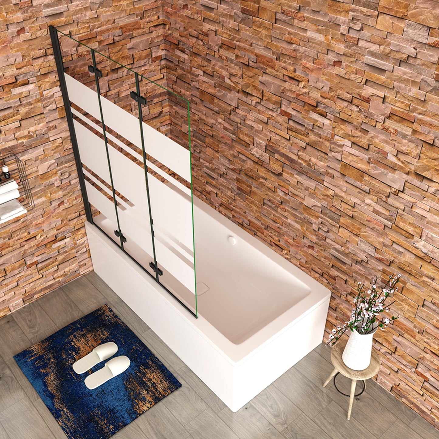 Aica Scandinavische Badwand 130/140x140cm,3-Delig Inklapbaar,6mm Wit Gesatineerd Easy Clean Gehard Glas,Mat zwart,Eenvoudige Montage