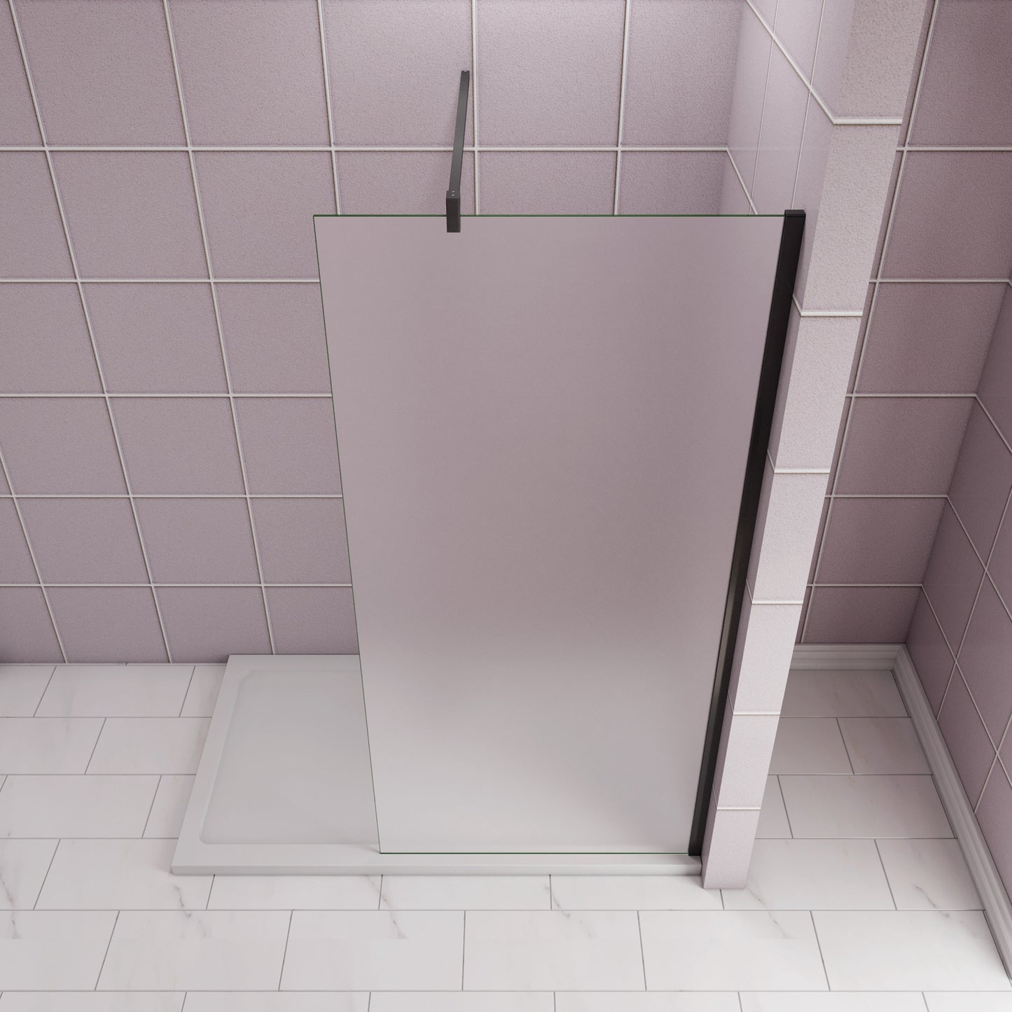 Inloopdouche 80x200cm,10mm NANO EasyClean veiligheidsglas met matte folie,F-vorm 90cm Stabilisatiestang,zwart