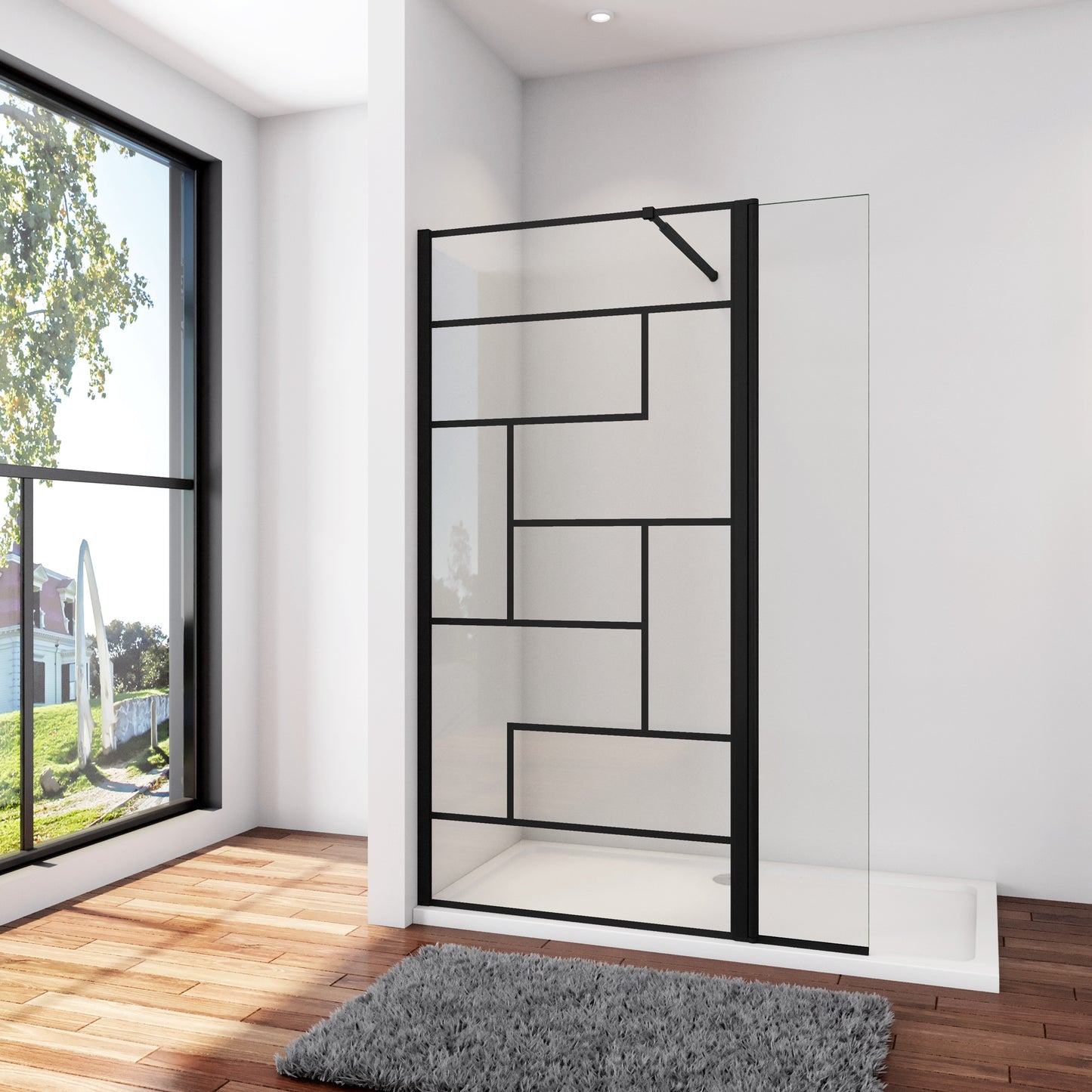 Inloopdouche 120x200cm met zwart decor, 30x200cm draaibaar hoekprofiel,73-120cm Stabilisatiestang,8mm NANO EasyClean veiligheidsglas