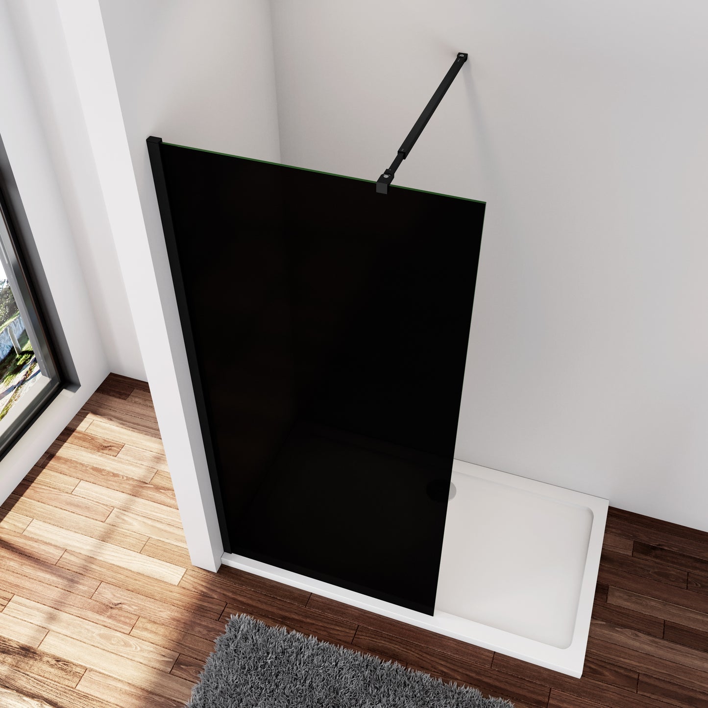 Aica Industriële douchewand 100/120/140x200 cm 10 mm NANO gehard glas met zwarte veiligheidsfolie 73-120/70-120/F-vormig:90/F-vormig:140cmcm stabilisatiestang mat zwart dubbele veiligheidswaarborg