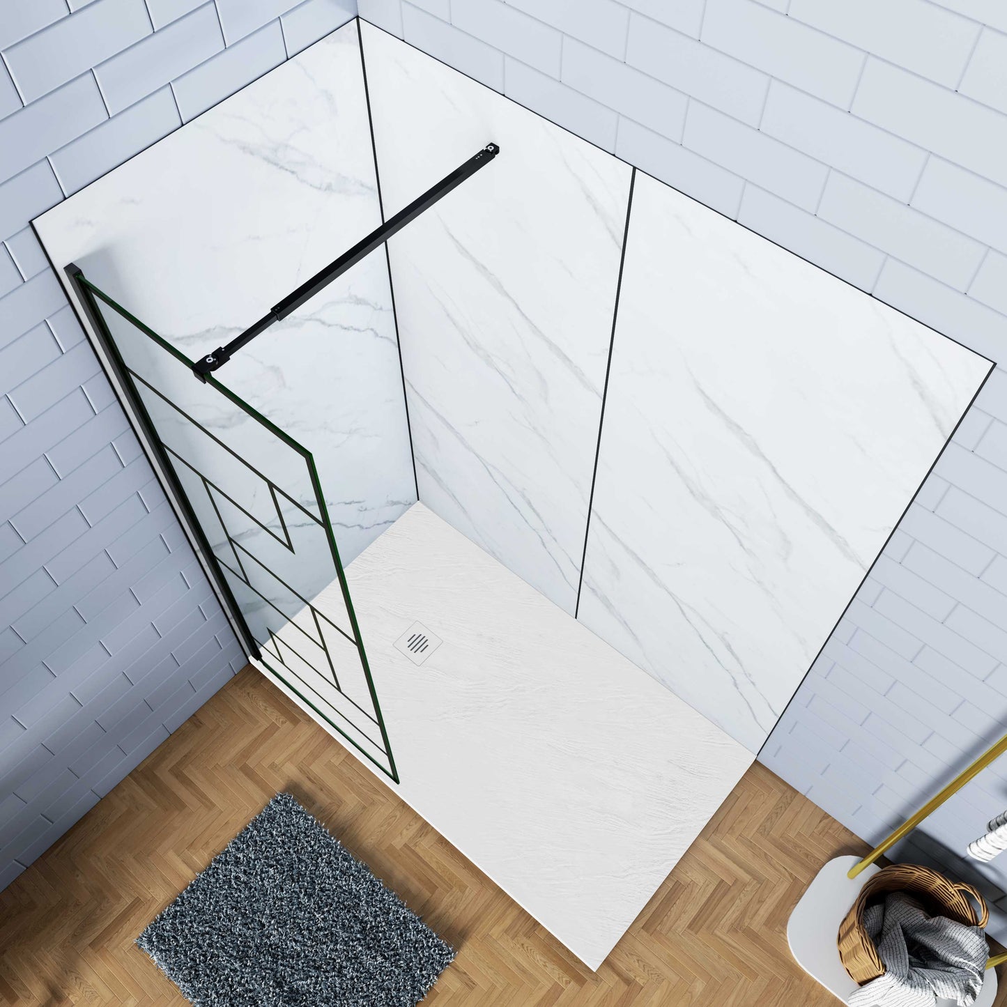Aica Industriële inloopdouchewand 70-140x200 cm 8 mm NANO Easyclean veiliges gehard glas zwart onregelmatig raster mat zwart 73-120/70-120/N-vormig:90/N-vormig:140/F-vormig:90/F-vormig:140cm inkortbaar stabilisatiestang