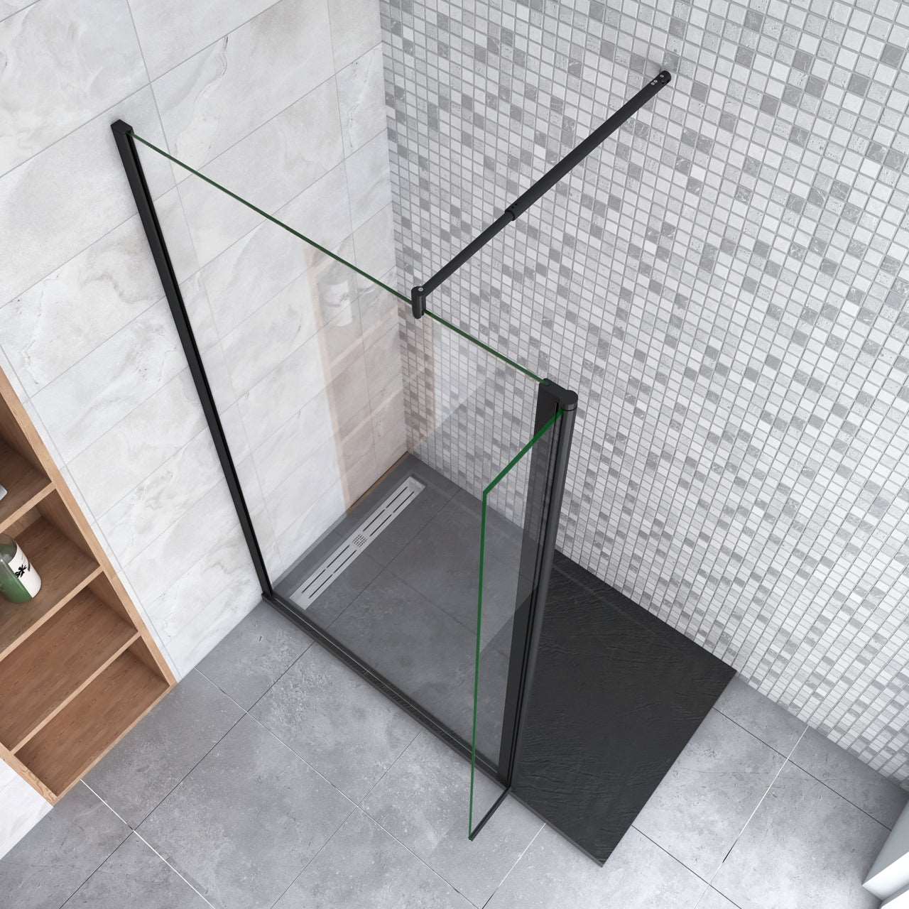 100x200cm zwarte inloopdouche + 30x200cm draaibaar hoekprofiel +70-120cm Stabilisatiestang 8mm EasyClean veiligheidsglas