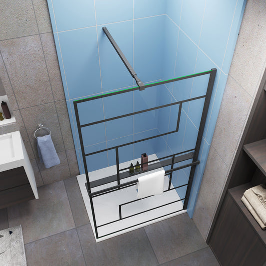 Industri le inloopdouchewand, hoogte 200 cm - onregelmatig blokpatroon - 8 mm gemakkelijk te reinigen gehard glas - met planken - verstelbare stabilisatiestang - matzwart frame - eenvoudig te installeren