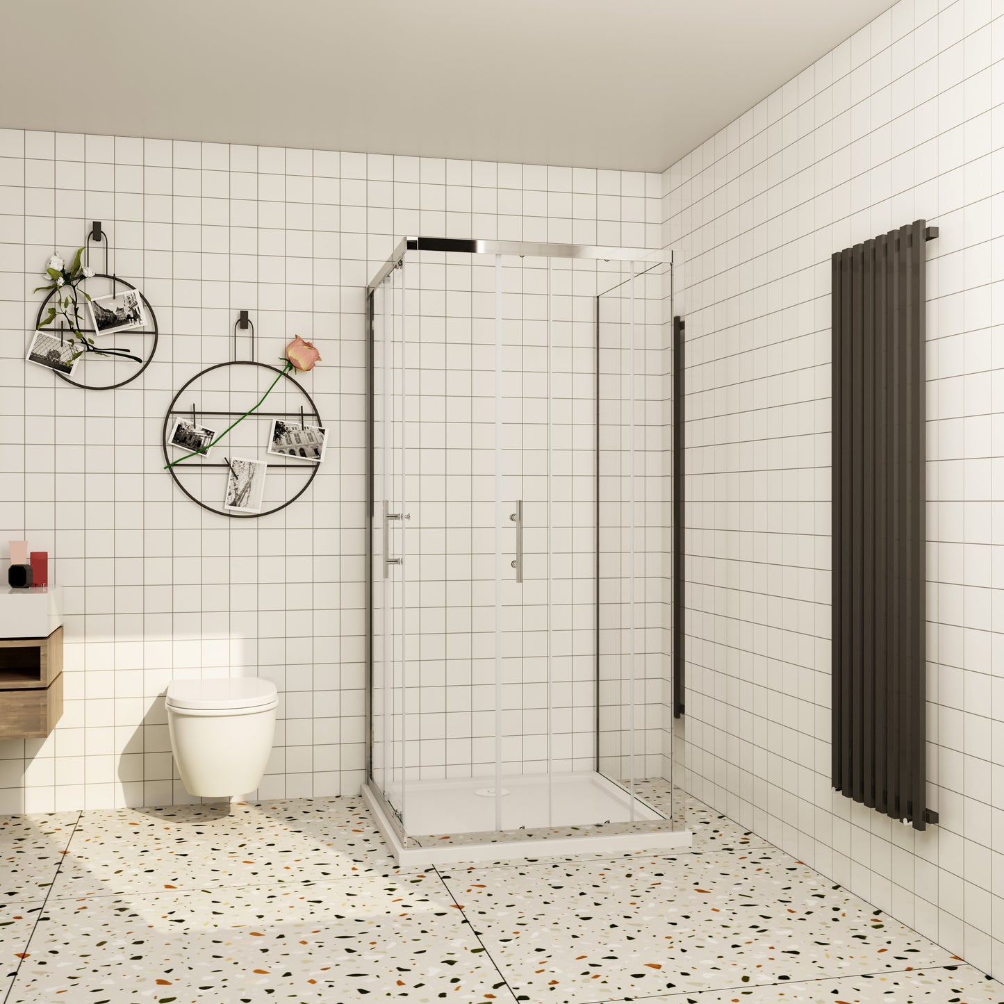 Aica ontwerp Driezijdige douchecabine 70-80-90x70-80-90x70-80-90x185cm Twee schuifdeuren 6mm+één zijpaneel 5mm gehard glas glanzend chroom met wit complete douchebak
