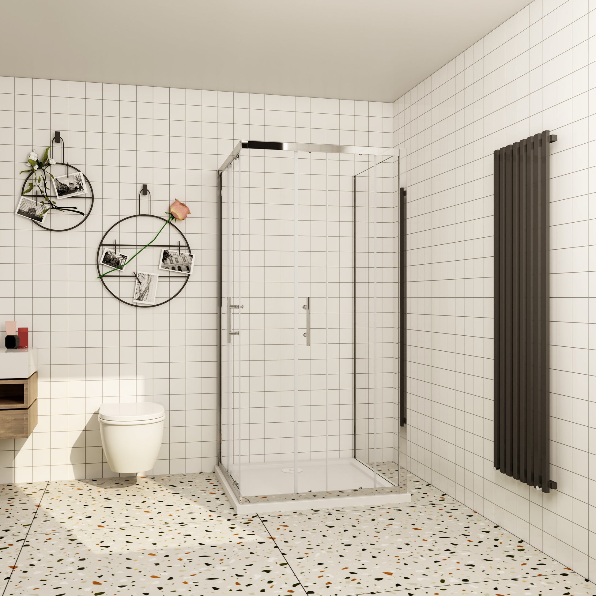 Aica ontwerp Driezijdige douchecabine 70-80-90x70-80-90x70-80-90x185cm Twee schuifdeuren 6mm+één zijpaneel 5mm gehard glas glanzend chroom met wit complete douchebak