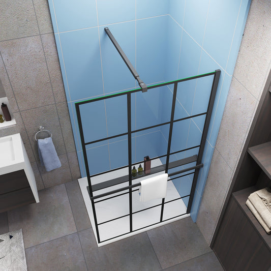 Inloopdouchewand in industri?le stijl, 200 cm hoog - regelmatig blokpatroon - 8 mm gemakkelijk te reinigen gehard glas - met planken - verstelbare stabilisatiestang - matzwart frame - eenvoudig te installeren