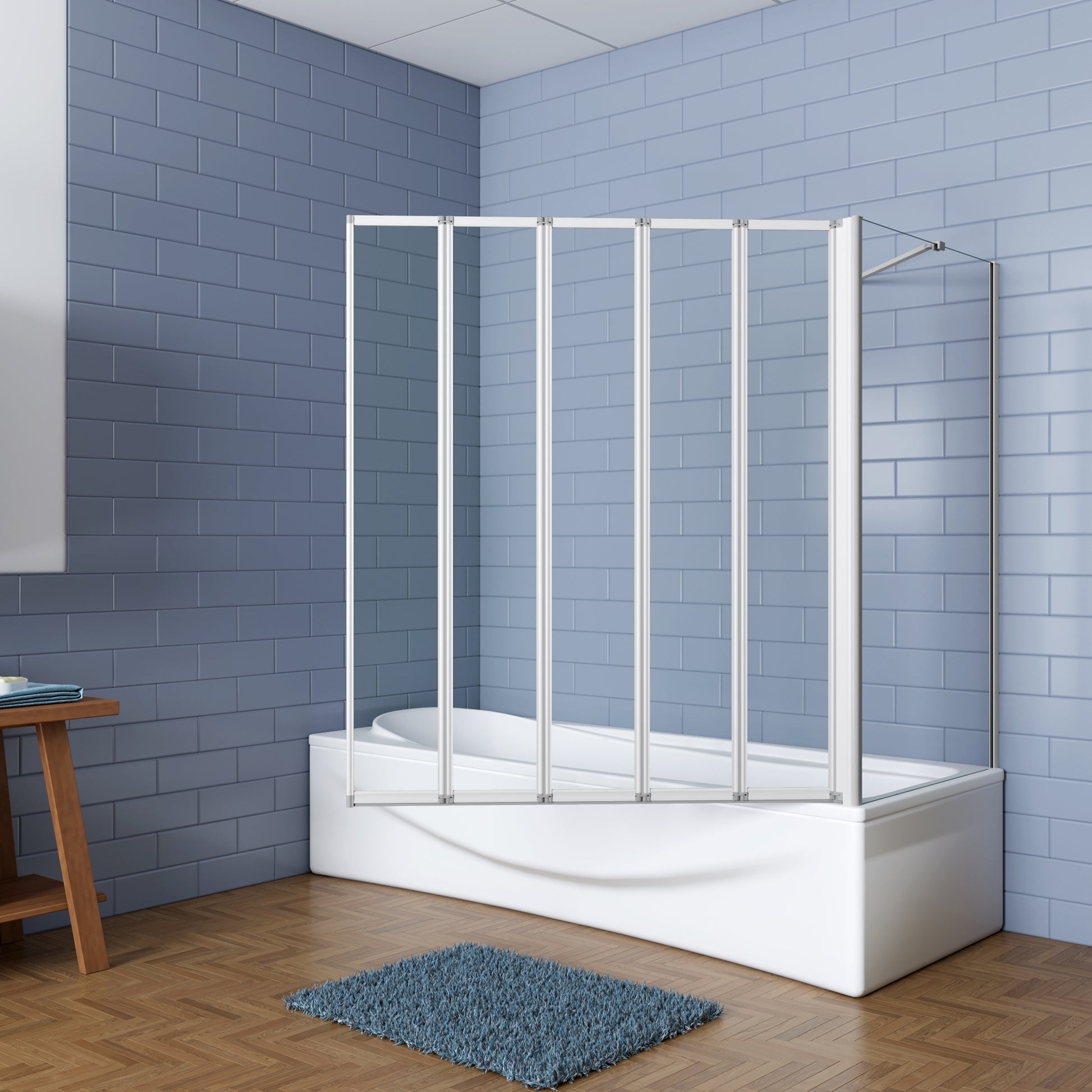 Aica Badwand 120x70/75/80x140cm 5-Delige Inklapbaar 4mm gehard glas-Grijs frame