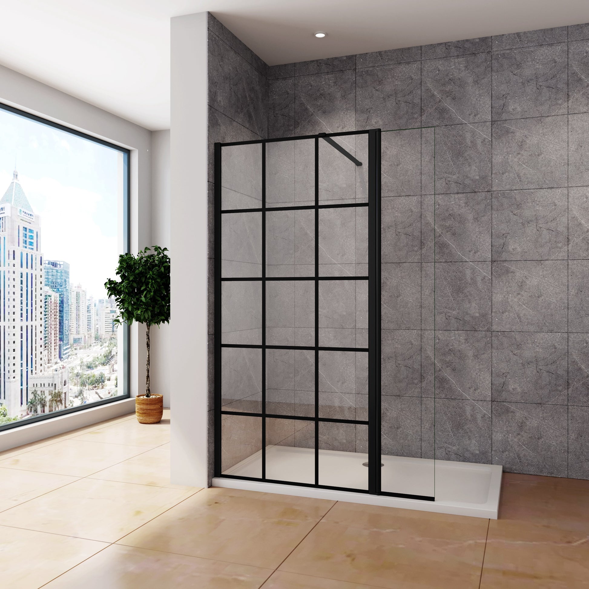 Inloopdouche 90x200cm met zwart decor,30x200cm draaibaar hoekprofiel,140cm Stabilisatiestang,8mm NANO EasyClean veiligheidsglas