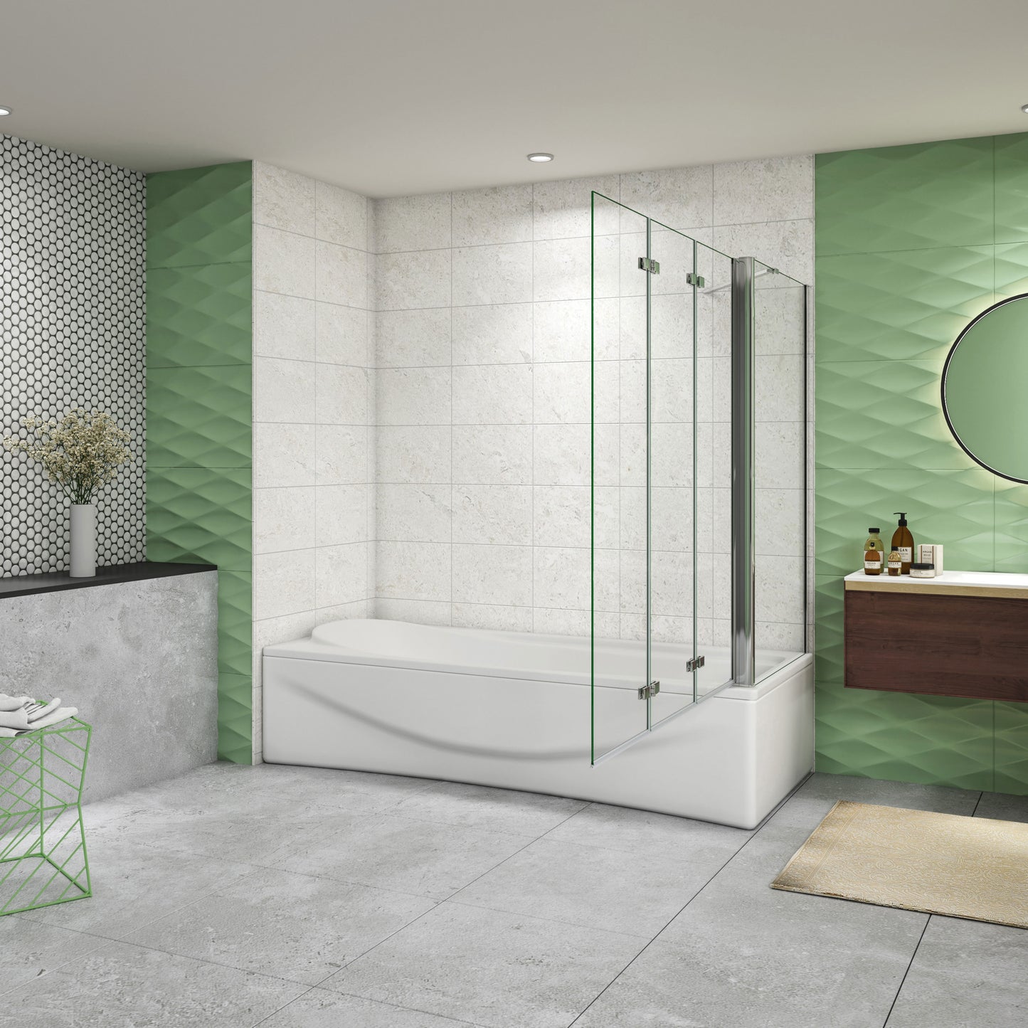 Aica Luxe Badwand 130x60/70/75/80x140cm-3-Delig Inklapbaar 6mm Transparant Easy Clean Gehard Glas-Chroom Frame-Eenvoudige Montage