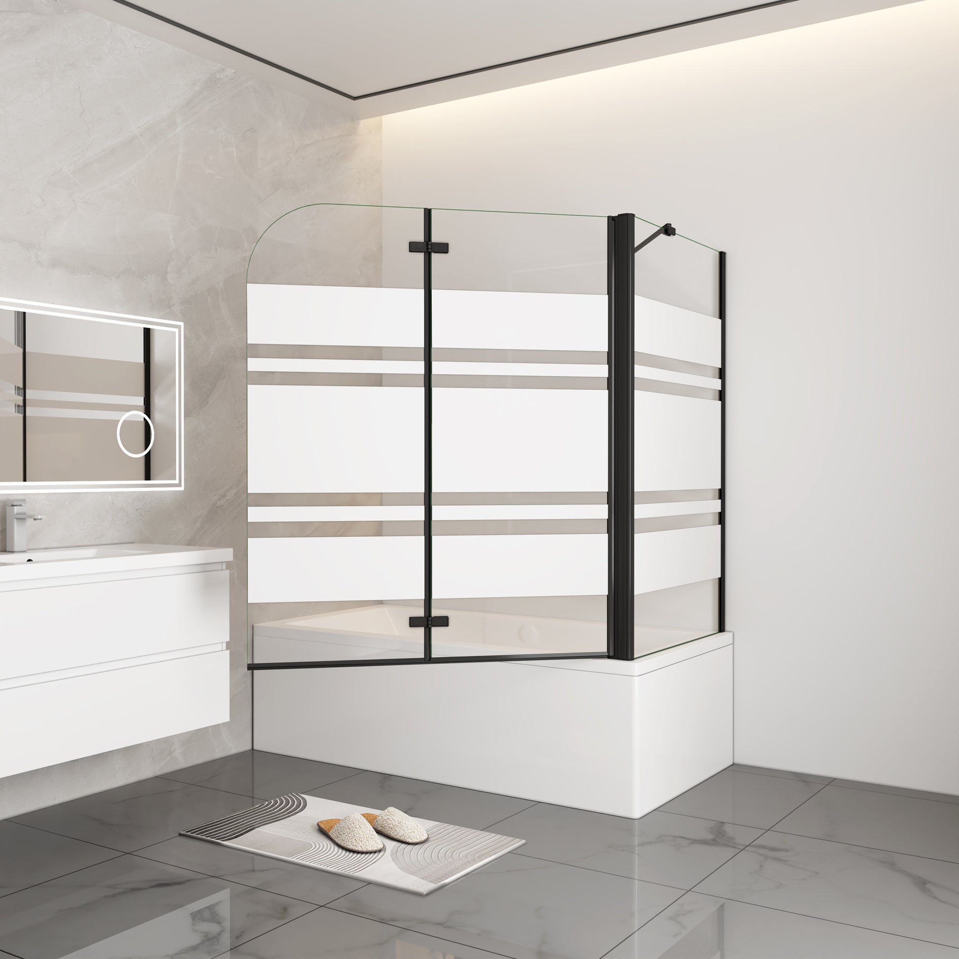 Aica modern stijl badwand 2 delig 90/100/110/120x65/70/75/80x140cm inklapbaar 6mm veiligheidsgehard glas-mat zwart-Witte zeefdrukstrepen