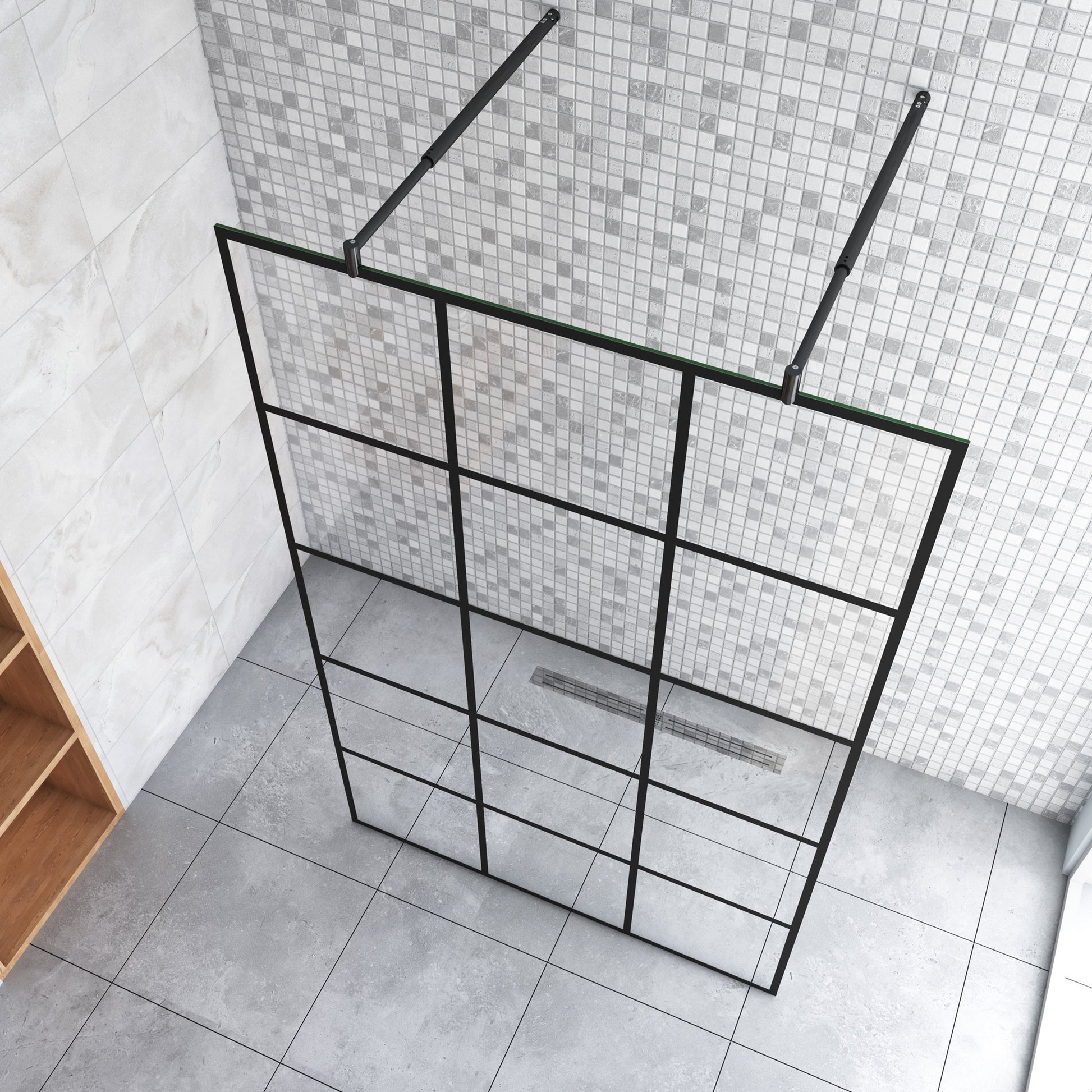 Inloopdouche 87,7x200cm met mat zwart kader en raster,8mm NANO EasyClean veiligheidsglas,met 2 70-120cm stabilisatiestangen