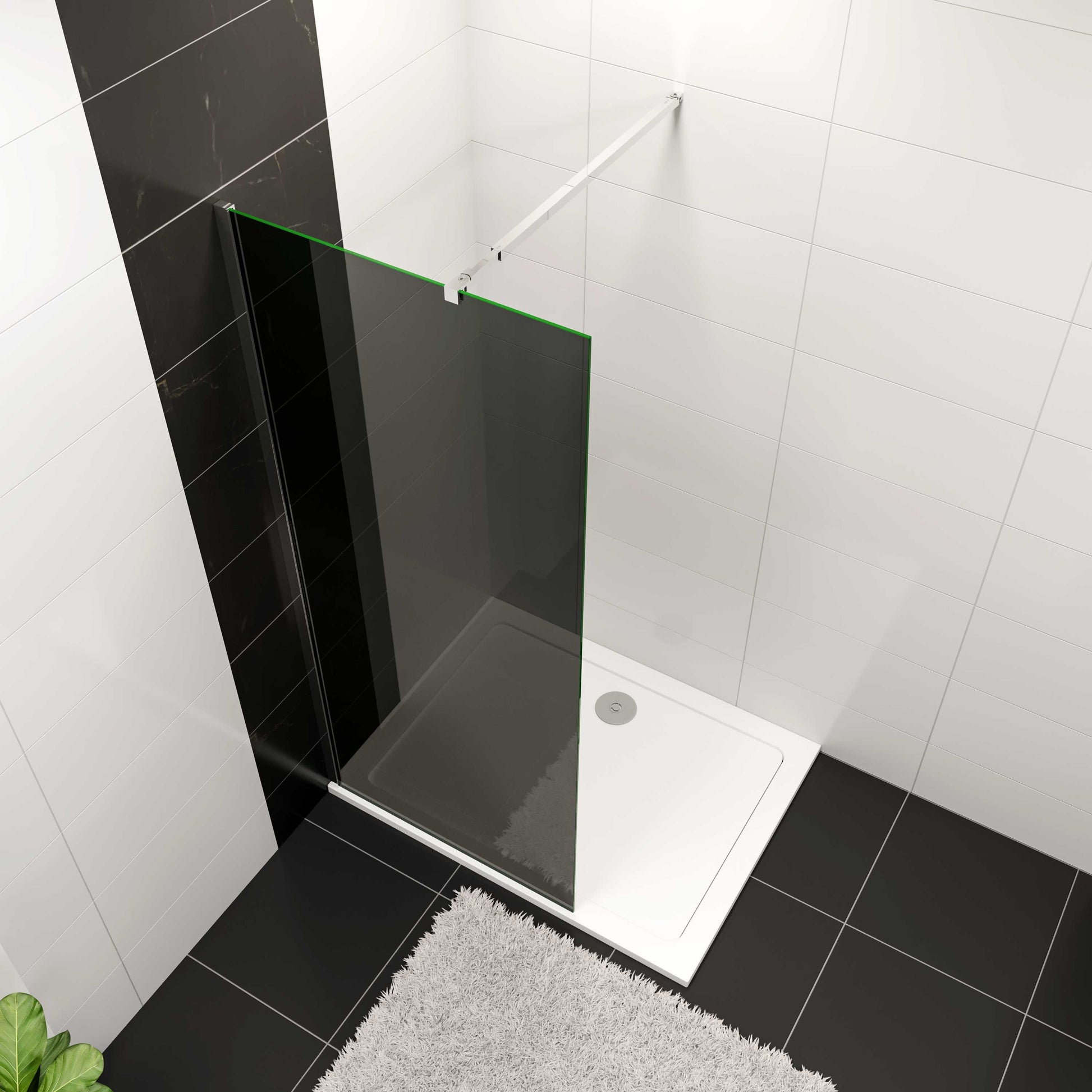 Aica Industriële douchewand 100-140x200 cm 10 mm NANO gehard glas met zwarte veiligheidsfolie 73-120/70-120/F-vormig:90/F-vormig:140cm stabilisatiestang glanzend chroom dubbele veiligheidswaarborg