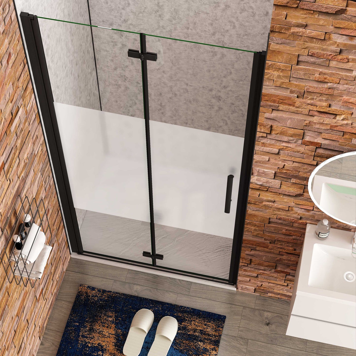 Aica Stijlvo douchedeur vouwdeur 70-76-80-90-100-110-120x195cm mat zwart 6mm veiligheidsglas met matte zeefdrukband antikalk coating