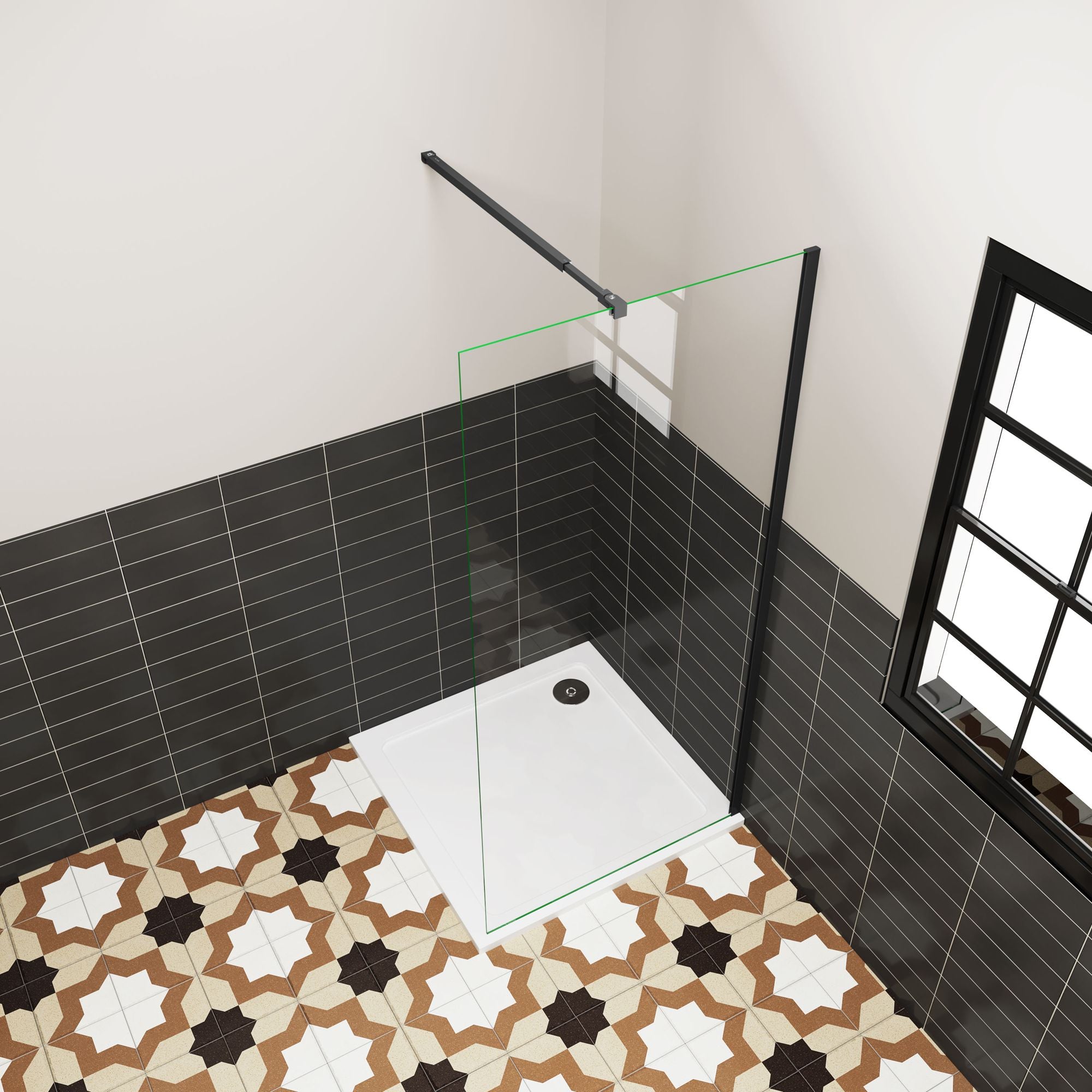 Inloopdouche 70-76-80-90-100x185 cm, 6 mm helder EasyClean veiligheidsglas,mat zwart，Stabilisatorstang meerdere opties aluminium frame,