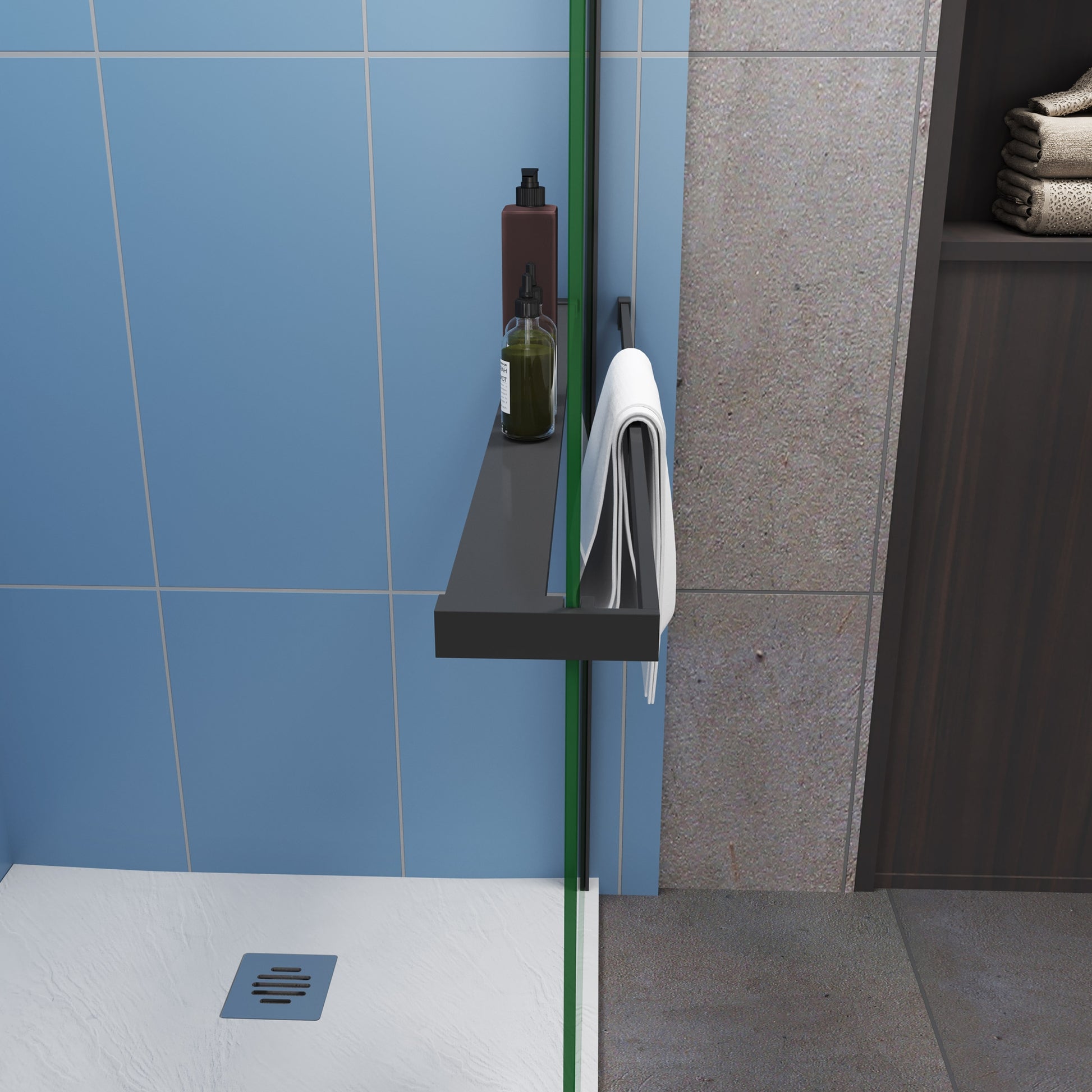 Inloopdouchewand in industri?le stijl, 200 cm hoog - regelmatig blokpatroon - 8 mm gemakkelijk te reinigen gehard glas - met planken - verstelbare stabilisatiestang - matzwart frame - eenvoudig te installeren