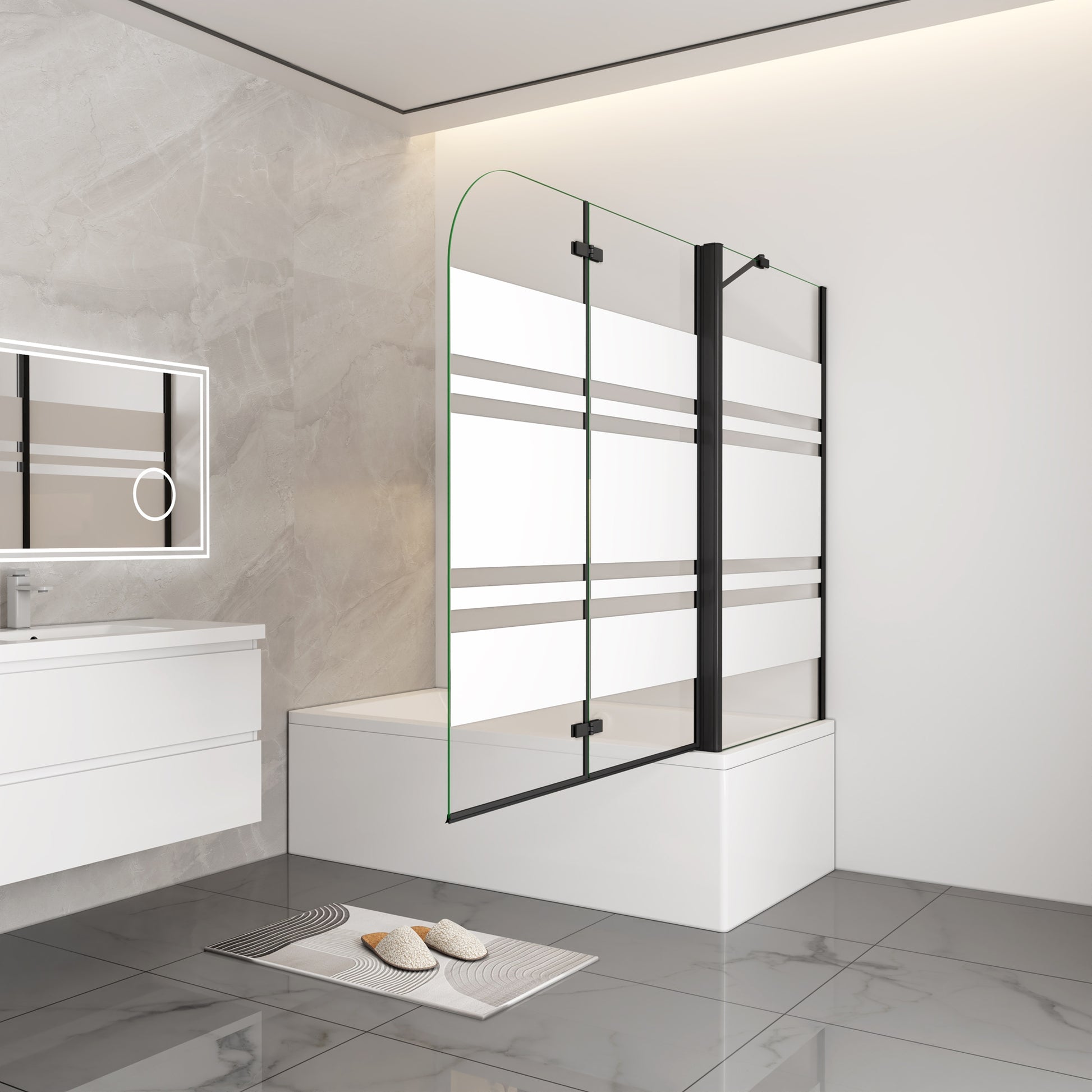 Aica modern stijl badwand 2 delig 90/100/110/120x65/70/75/80x140cm inklapbaar 6mm veiligheidsgehard glas-mat zwart-Witte zeefdrukstrepen