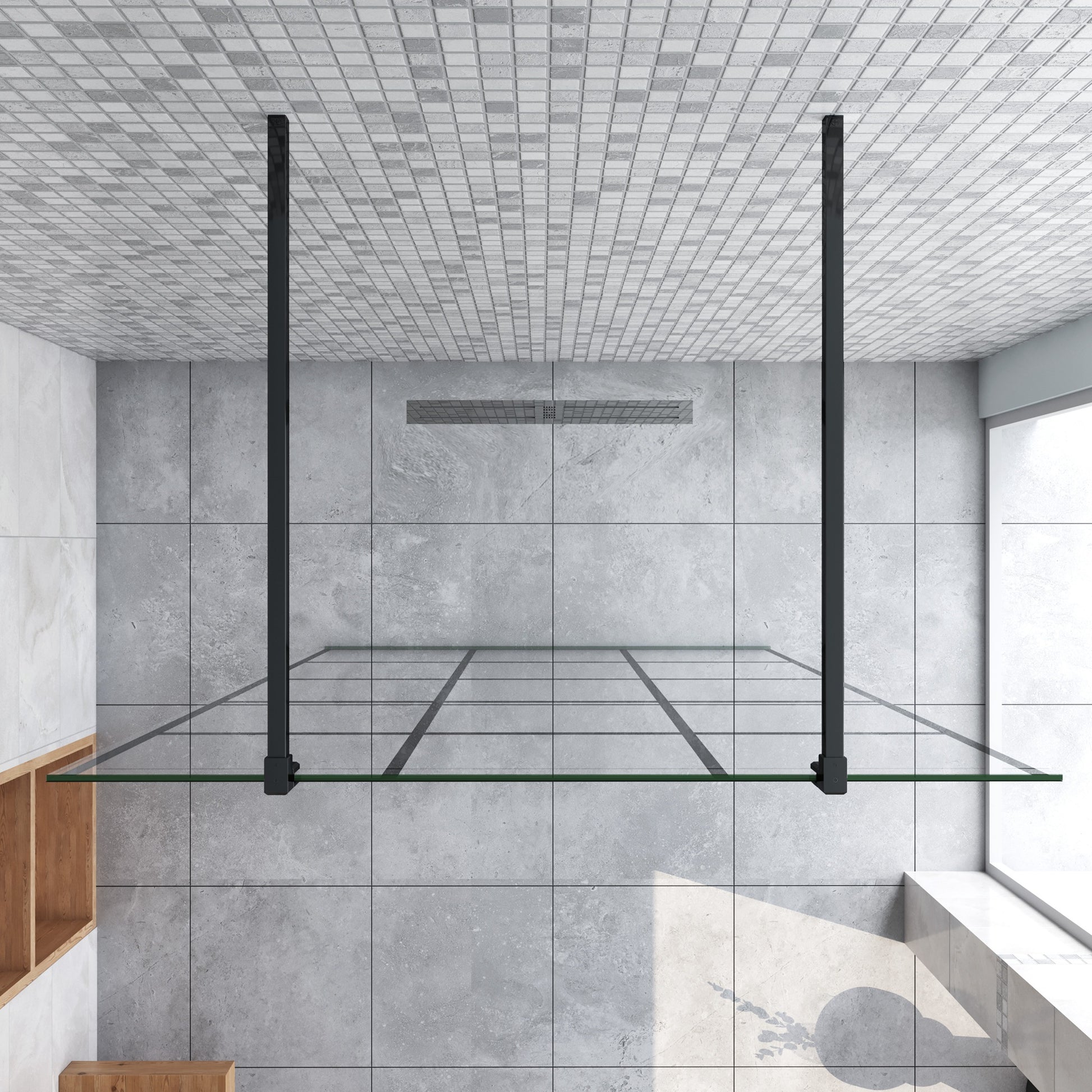 Inloopdouche 87,7x200cm met mat zwart kader en raster,8mm NANO EasyClean veiligheidsglas,met 2 140cm stabilisatiestangen