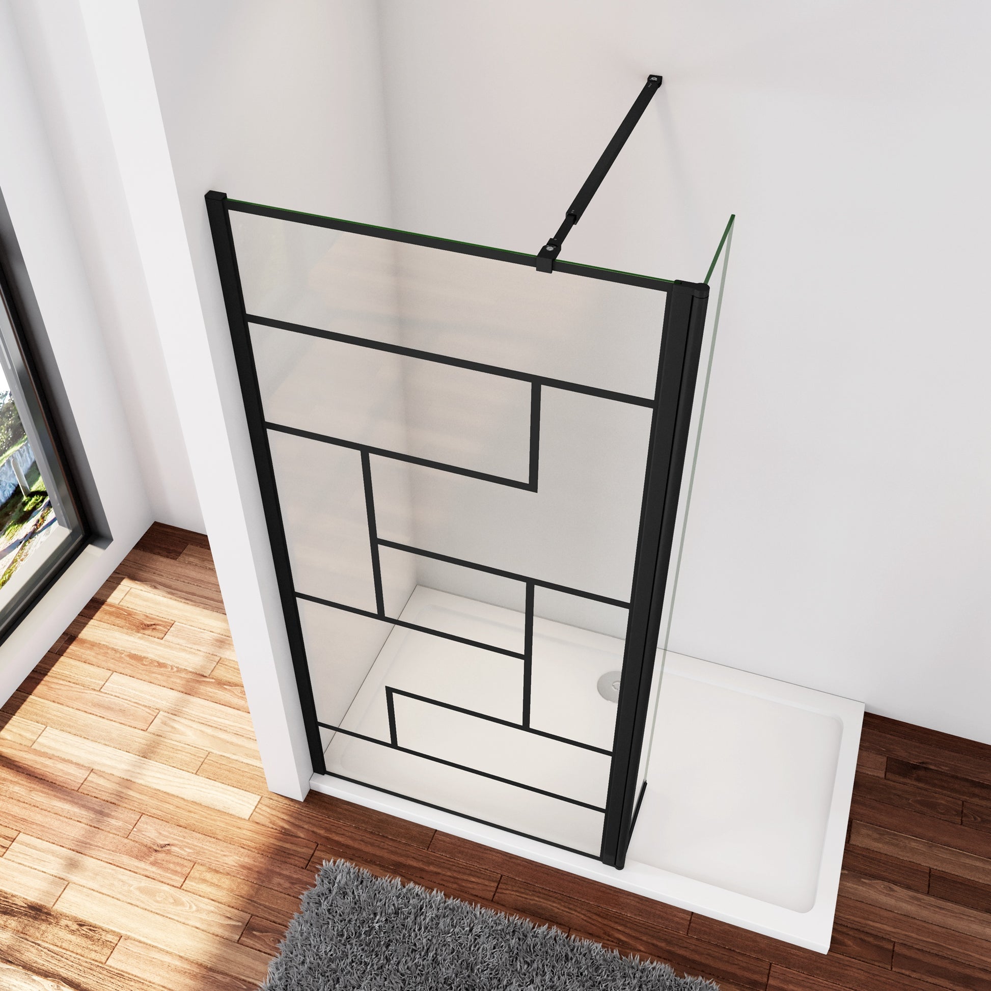 Inloopdouche 70x200cm met zwart decor, 30x200cm draaibaar hoekprofiel,73-120cm Stabilisatiestang,8mm NANO EasyClean veiligheidsglas