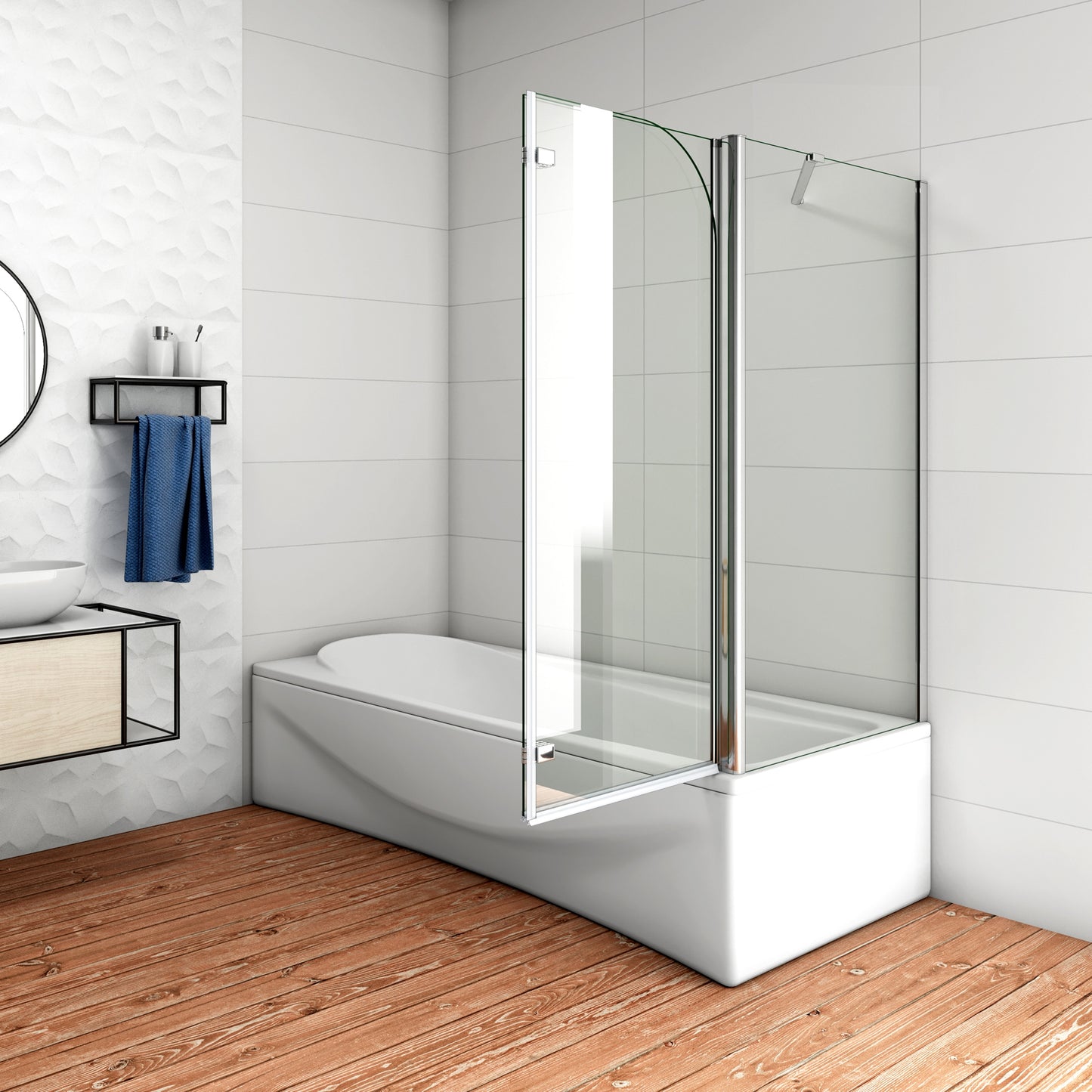 Aica Luxe Badwand 90/100/110/120x60/70/75/80x140cm-2-Delig Inklapbaar 6mm Transparant Easy Clean Gehard Glas-Chroom Frame-Eenvoudige Montage