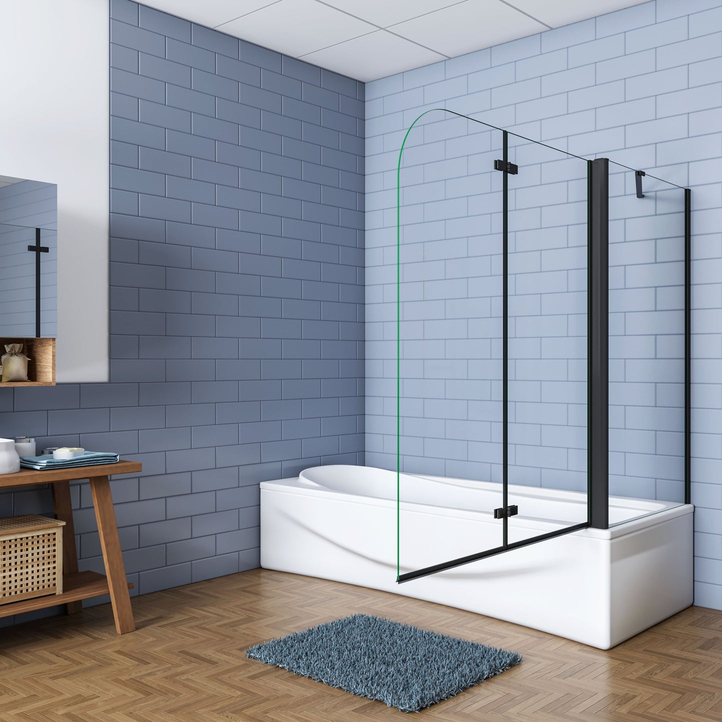 Aica luxe badscherm zwart mat 2 delig inklapbaar 90/100/110/120x65x140cm badwand 6mm easyclean glas