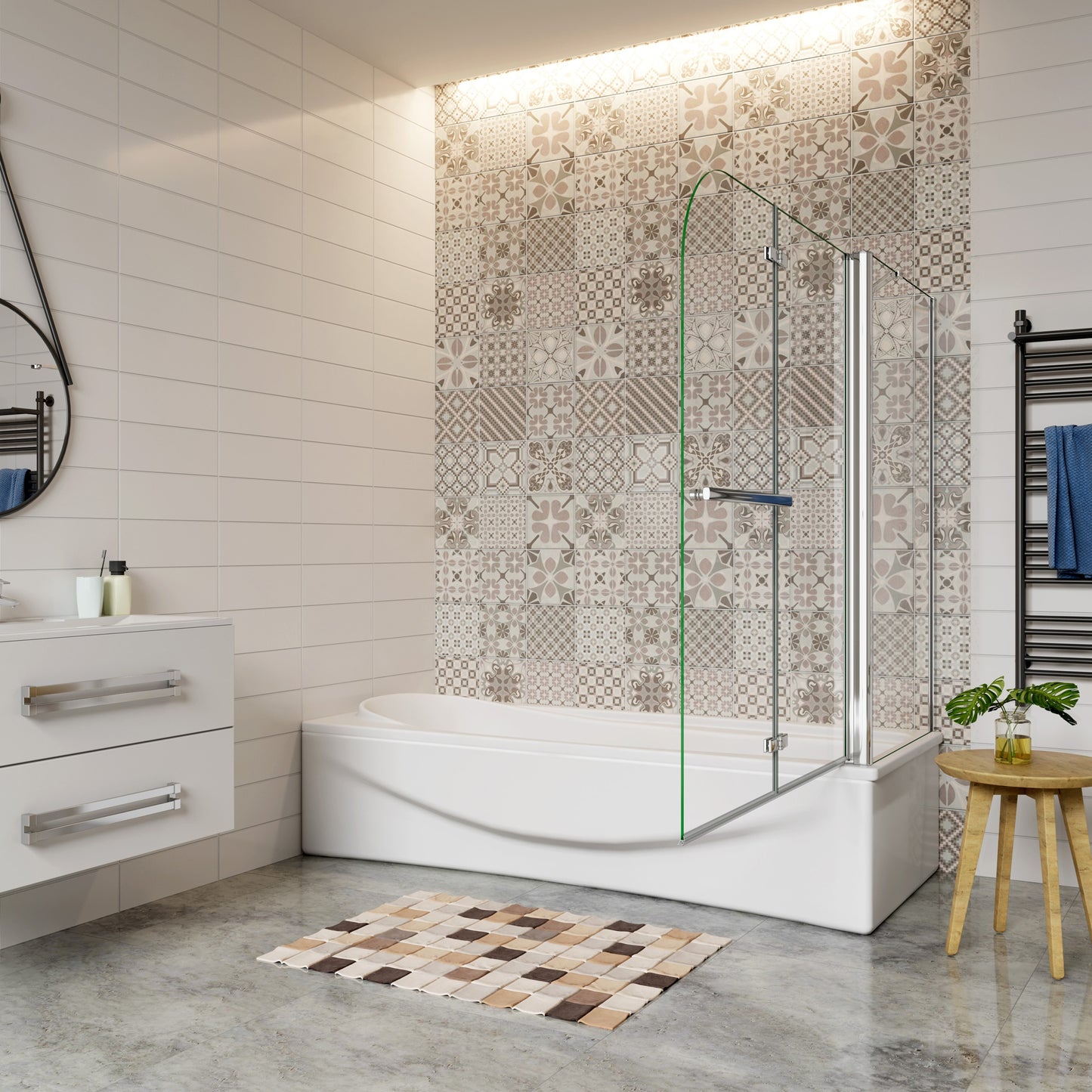 Aica Klassieke Badwand 95/100/120x60/70/75/80x140cm,2-Delig Inklapbaar,6mm Transparant Easy Clean Gehard Glas,Chroom Frame,met Handdoekhouder,Eenvoudige Montage