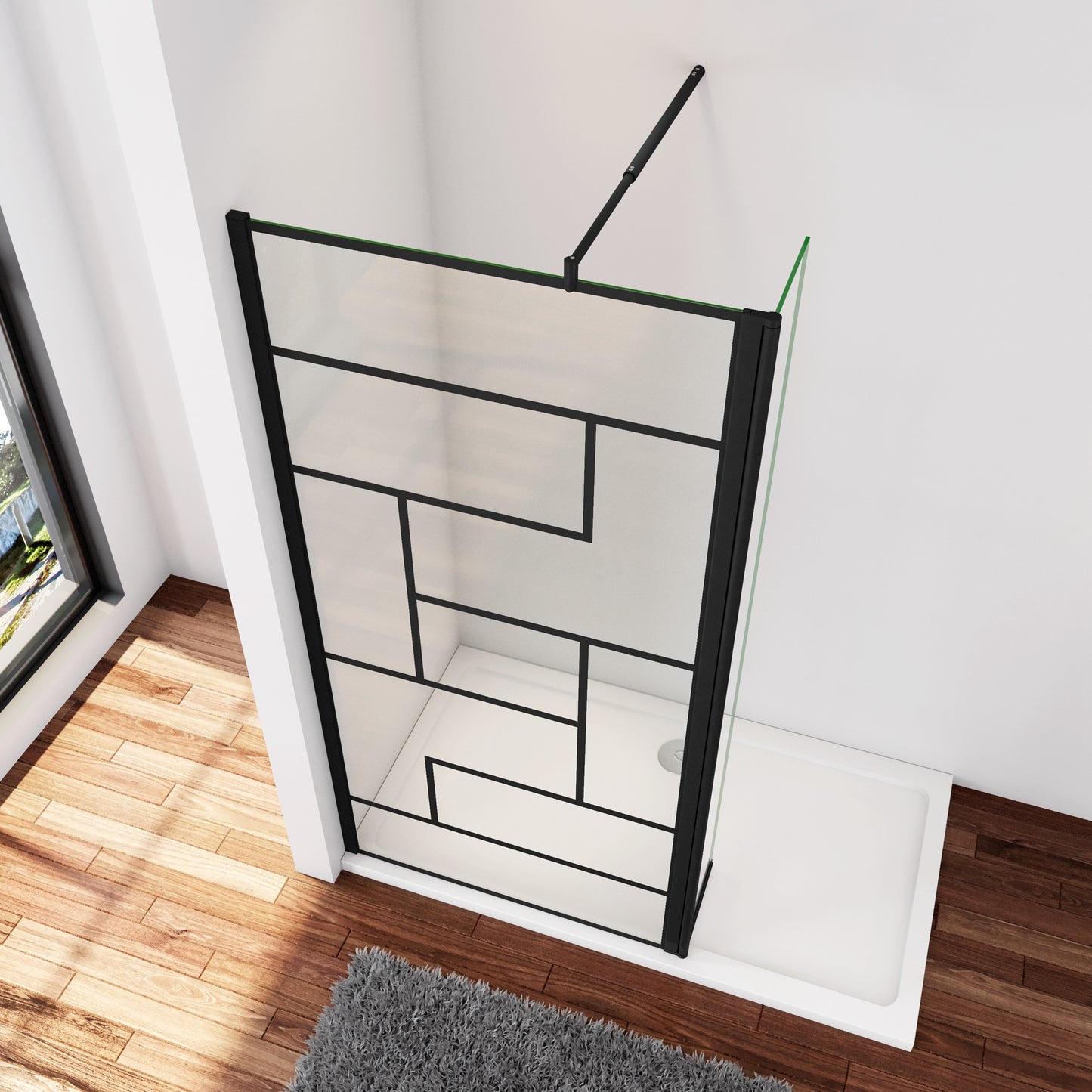 Inloopdouche 80x200cm met zwart decor,30x200cm draaibaar hoekprofiel +70-120cm Stabilisatiestang,8mm NANO EasyClean veiligheidsglas
