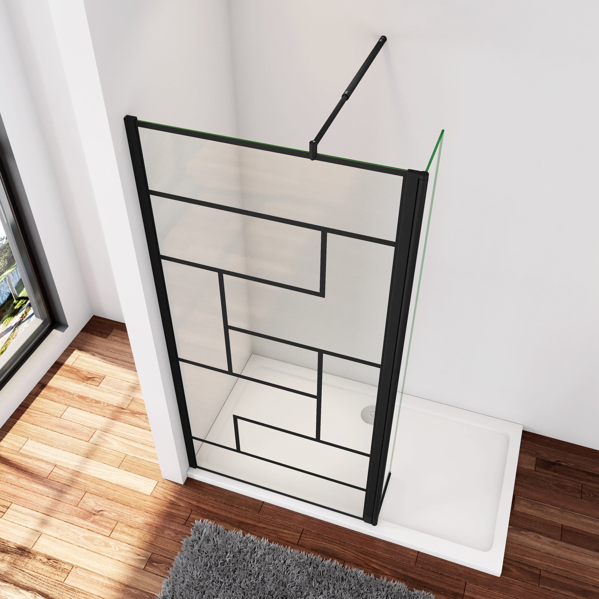 Inloopdouche 80x200cm met zwart decor,30x200cm draaibaar hoekprofiel +70-120cm Stabilisatiestang,8mm NANO EasyClean veiligheidsglas