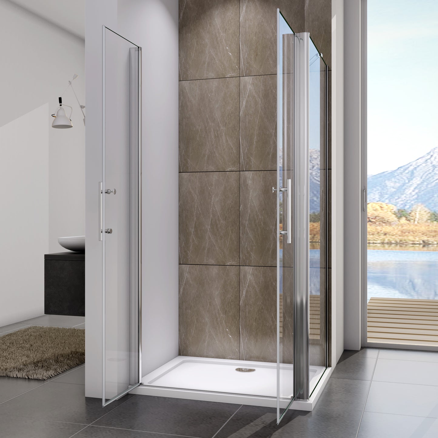 Douchecabine  195cm hoog,pendeldeur,6 mm NANO EasyClean veiligheidsglas Steunstanglengte: 500 mm