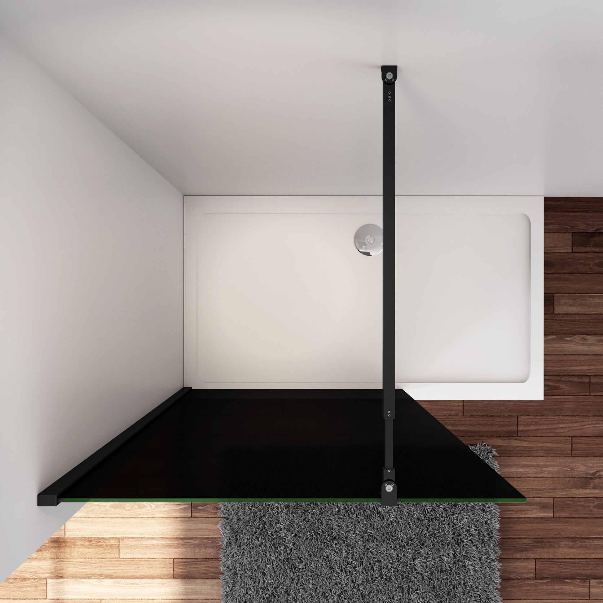 Aica Industriële douchewand 100/120/140x200 cm 10 mm NANO gehard glas met zwarte veiligheidsfolie 73-120/70-120/F-vormig:90/F-vormig:140cmcm stabilisatiestang mat zwart dubbele veiligheidswaarborg