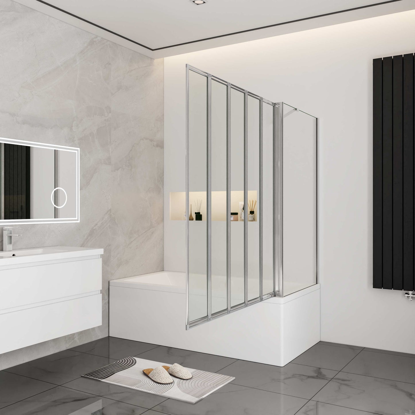 Aica Badwand 120x60/70/75/80x140cm-5-Delig Inklapbaar 4mm Gehard Glas-Gepolijst Chroom Frame