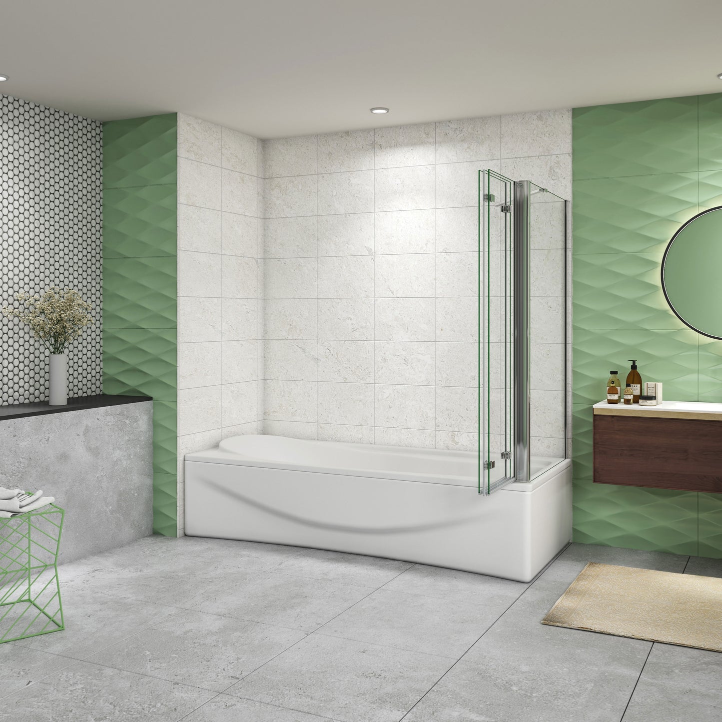 Aica Luxe Badwand 130x60/70/75/80x140cm-3-Delig Inklapbaar 6mm Transparant Easy Clean Gehard Glas-Chroom Frame-Eenvoudige Montage