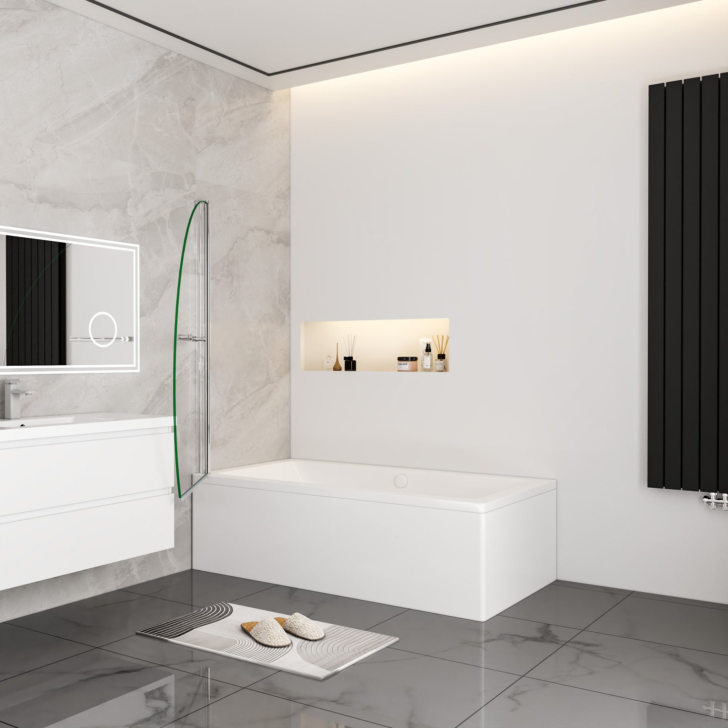 Kwartrond draaibaar pendel badwand 100x140cm, 180 graden draaibaar, 8 mm helder gehard veiligheids glas easyclean, 40 cm handdoekstang
