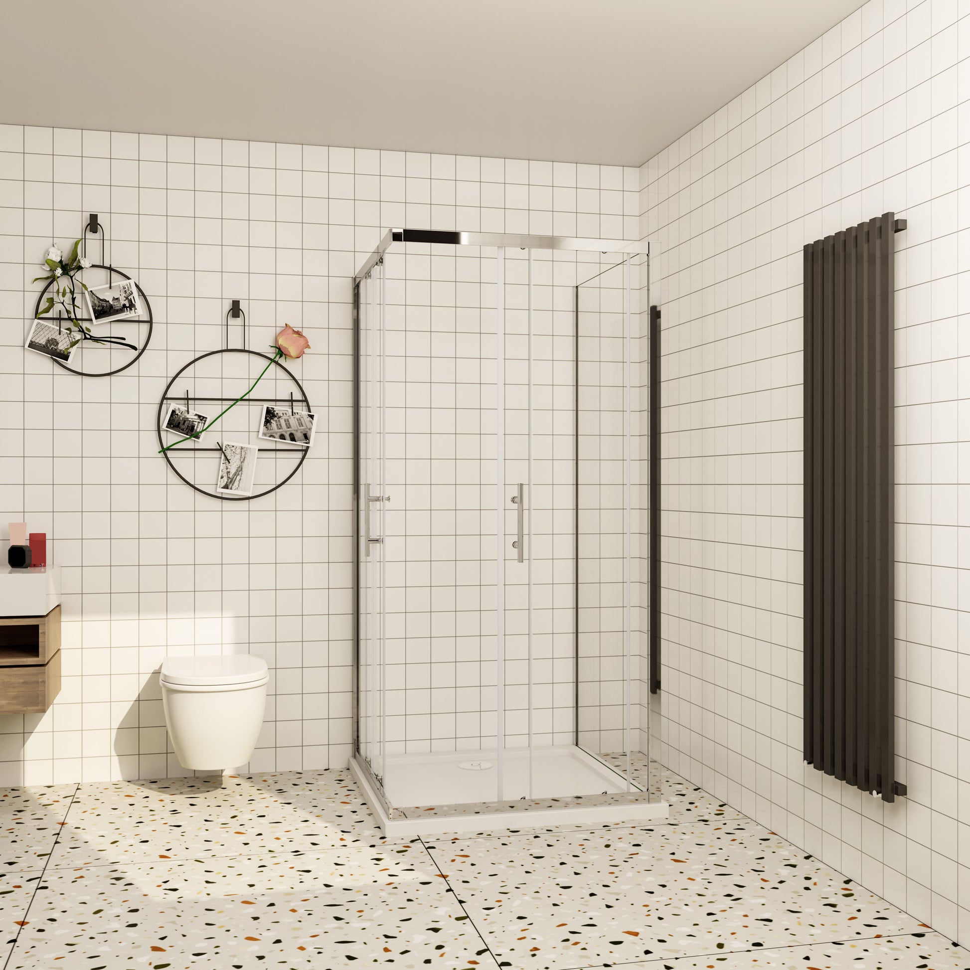 Aica ontwerp Driezijdige douchecabine 70-80-90x70-80-90x70-80-90x185cm Twee schuifdeuren 6mm+één zijpaneel 5mm gehard glas glanzend chroom met wit complete douchebak