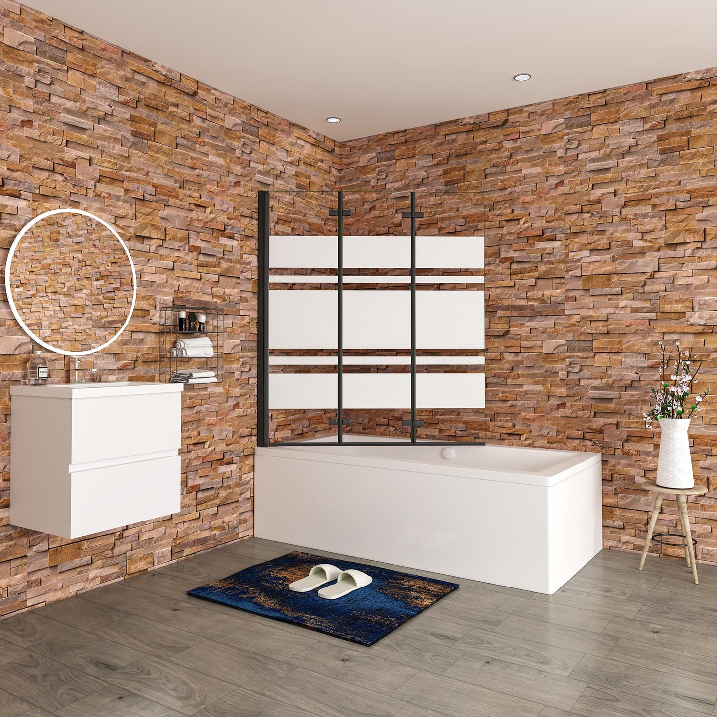 Aica Scandinavische Badwand 130/140x140cm,3-Delig Inklapbaar,6mm Wit Gesatineerd Easy Clean Gehard Glas,Mat zwart,Eenvoudige Montage