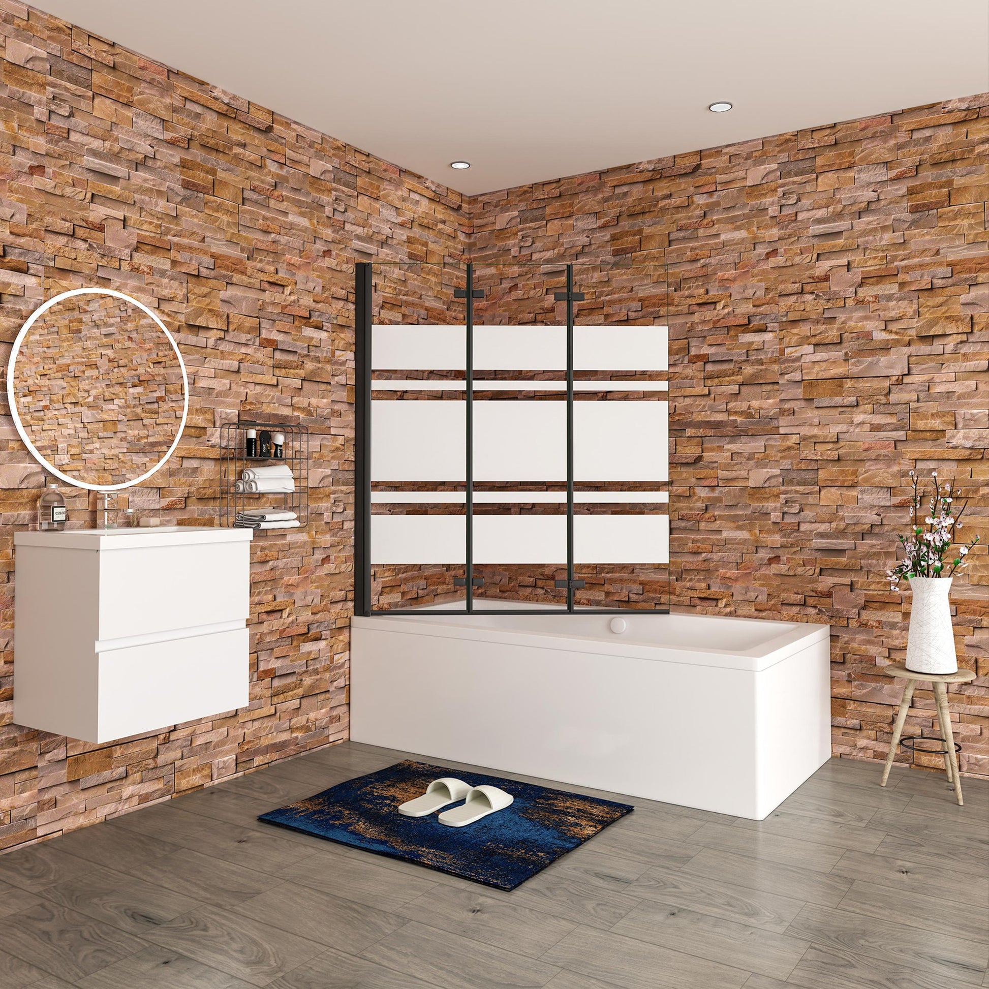 Aica Scandinavische Badwand 130/140x140cm,3-Delig Inklapbaar,6mm Wit Gesatineerd Easy Clean Gehard Glas,Mat zwart,Eenvoudige Montage