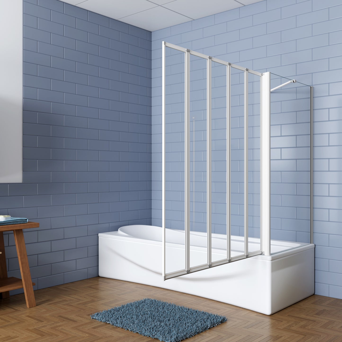 Aica Badwand 120x70/75/80x140cm 5-Delige Inklapbaar 4mm gehard glas-Grijs frame